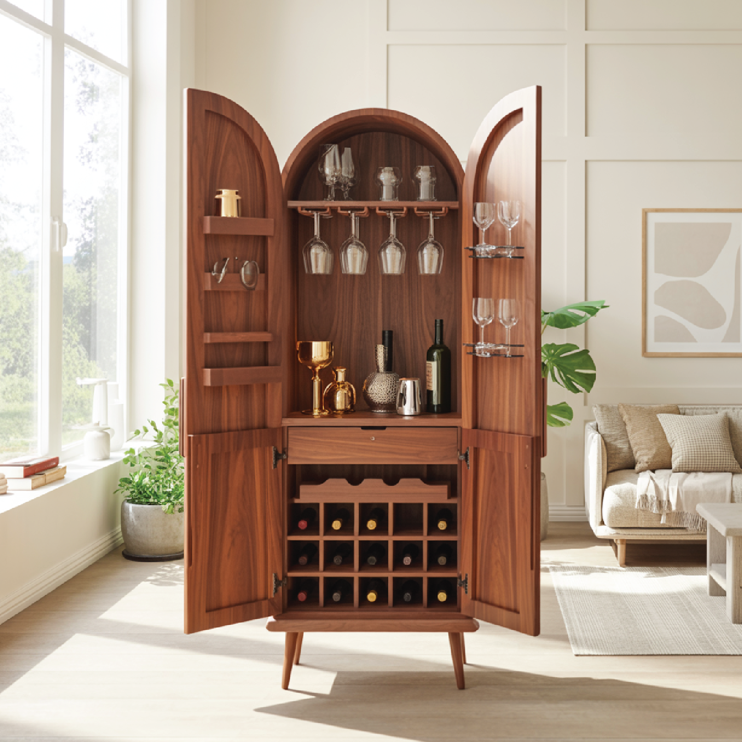 Handcrafted Solid Wood Arched Wine Cabinet Mid Century Bar Storage with Glass Rack