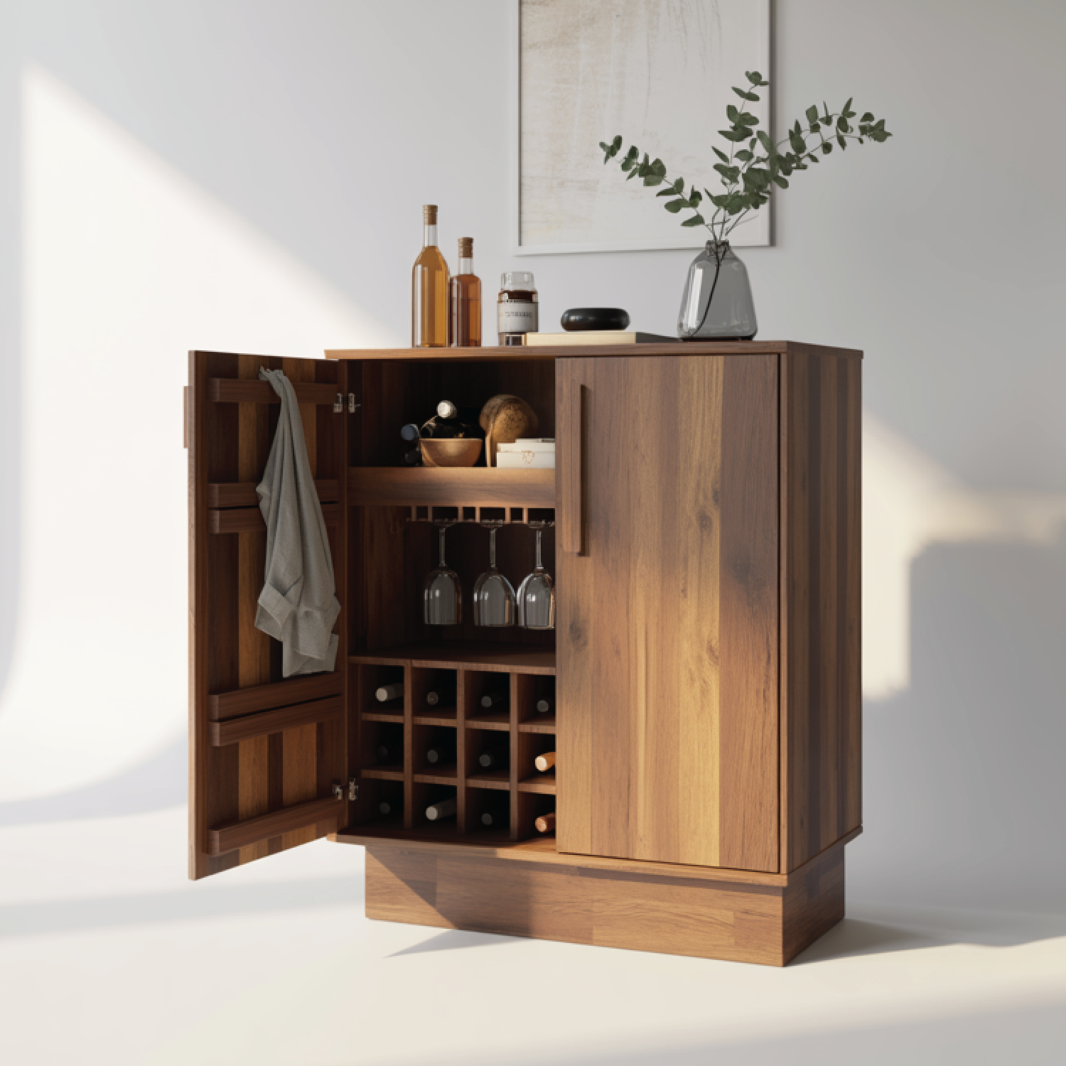 Handcrafted Solid Wood Wine Cabinet Mid Century Bar with Glass Rack and Bottle Storage-Sideboard