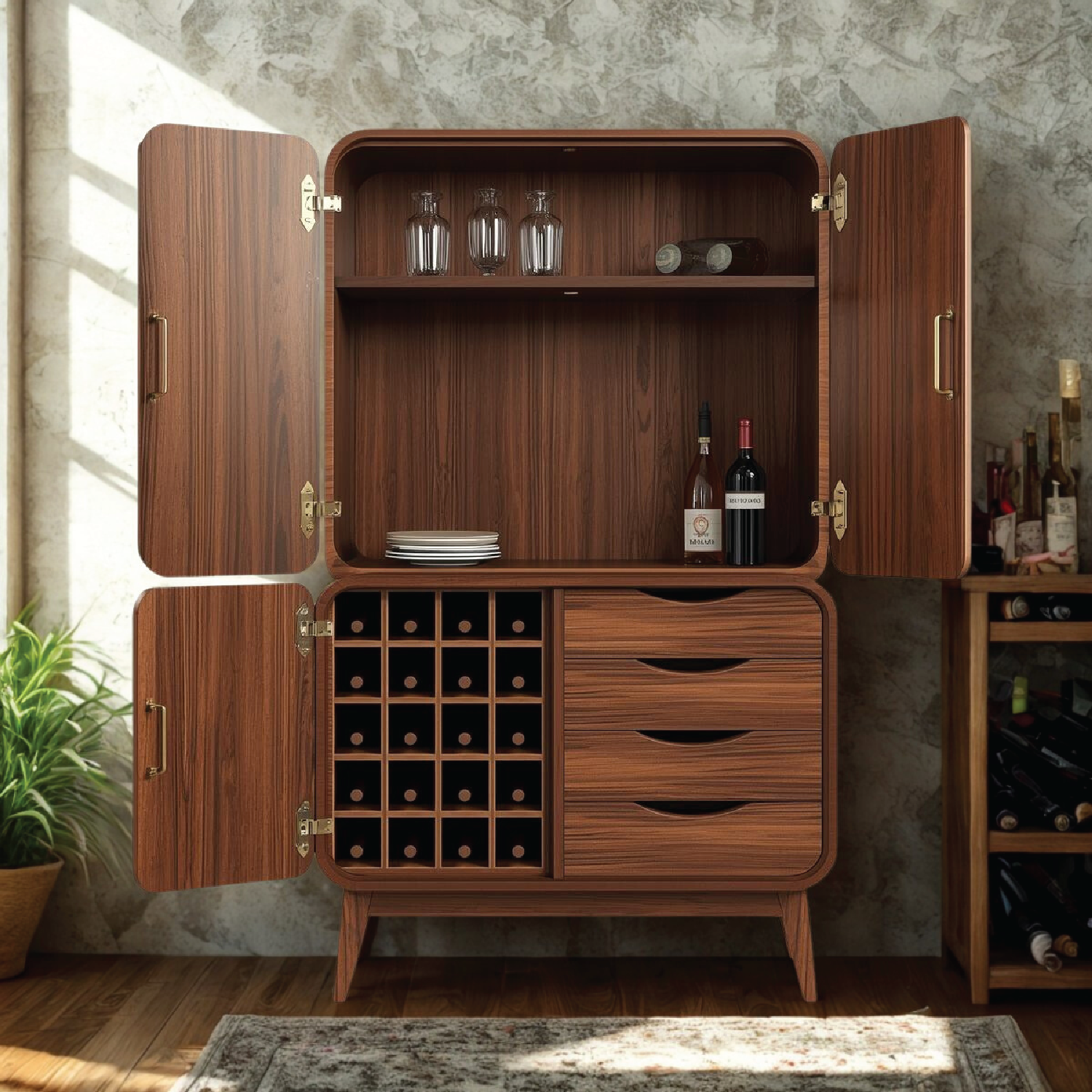 Handcrafted Solid Wood Wine Cabinet Mid Century Bar Storage with Drawers and Bottle Grid
