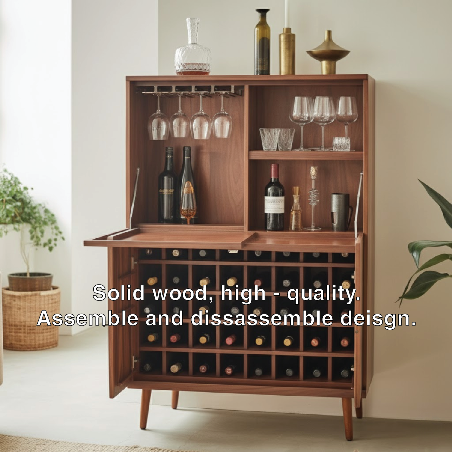 Handcrafted Solid Wood Wine Cabinet Mid Century Modern Bar Storage with Glass Holder Home Furniture