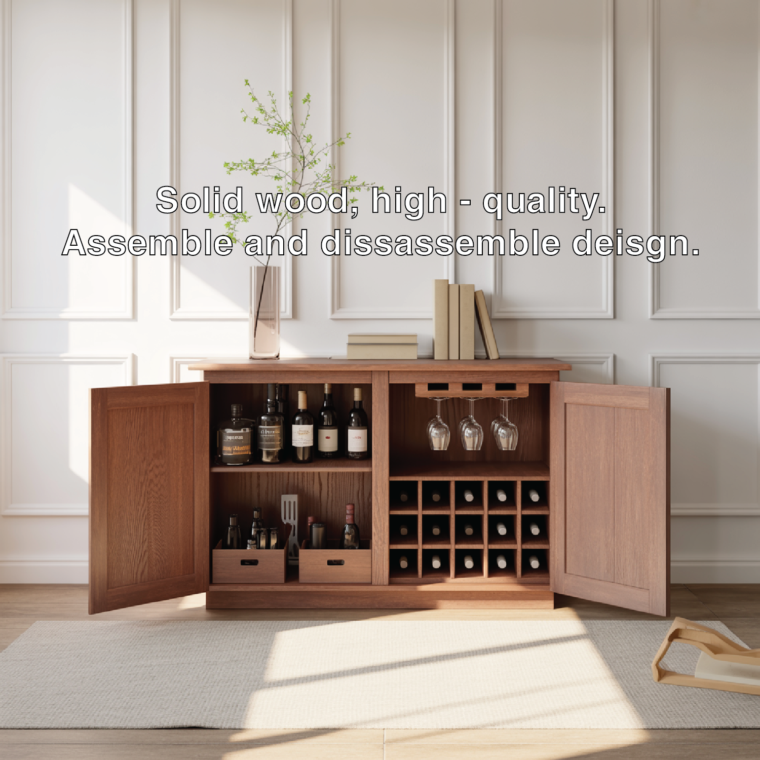 Handcrafted Solid Wood Wine Cabinet Sideboard with Glass Rack Mid Century Bar Storage