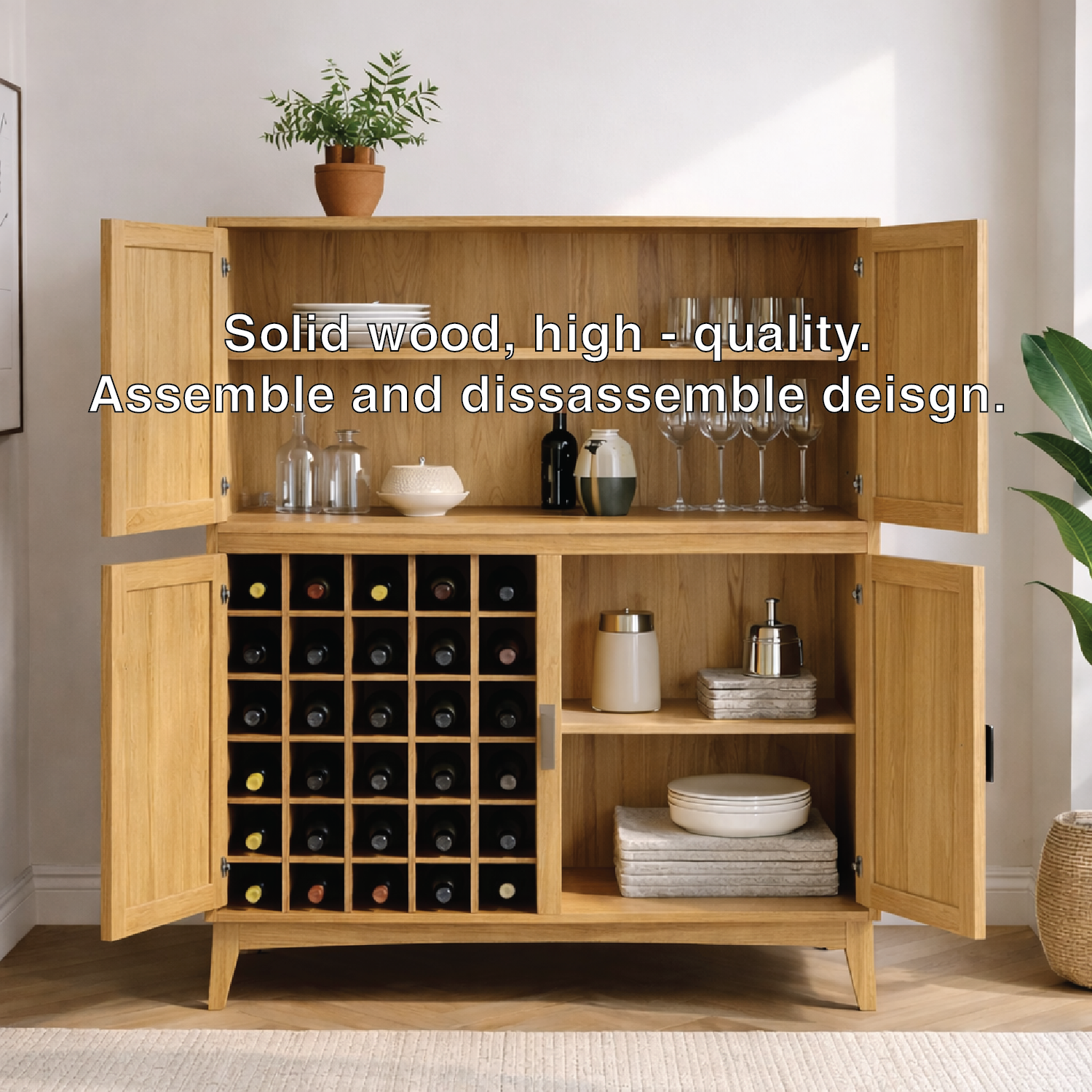 Handcrafted Solid Wood Wine Cabinet with Bottle Rack and Storage Shelves