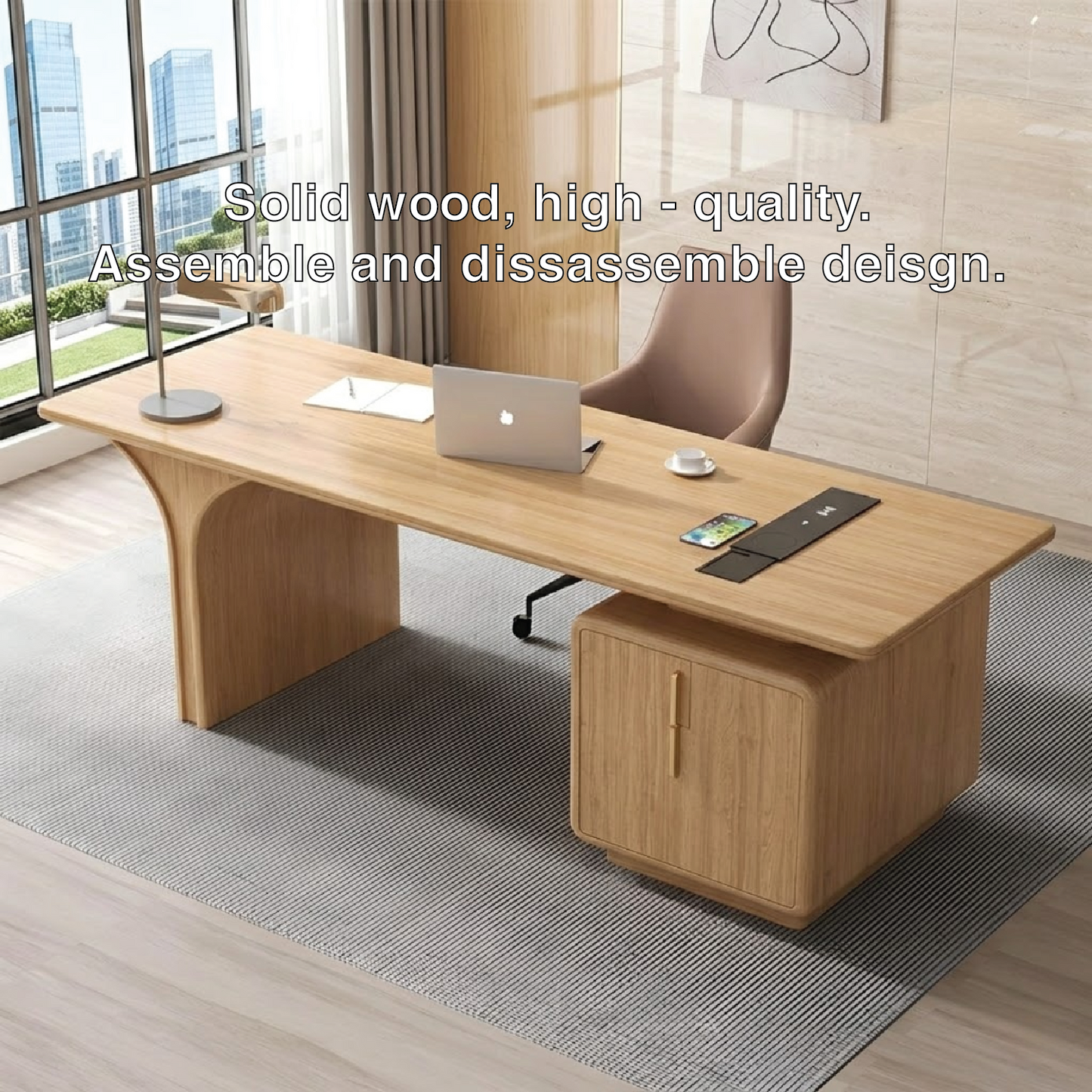 Modern Executive Desk with Curved Base and Cabinet, Minimalist Office Writing Table