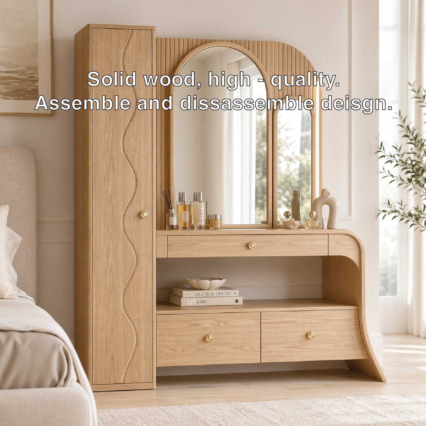 Modern Makeup Vanity Desk With Storage Cabinet Mirror Dressing Table Bedroom Set