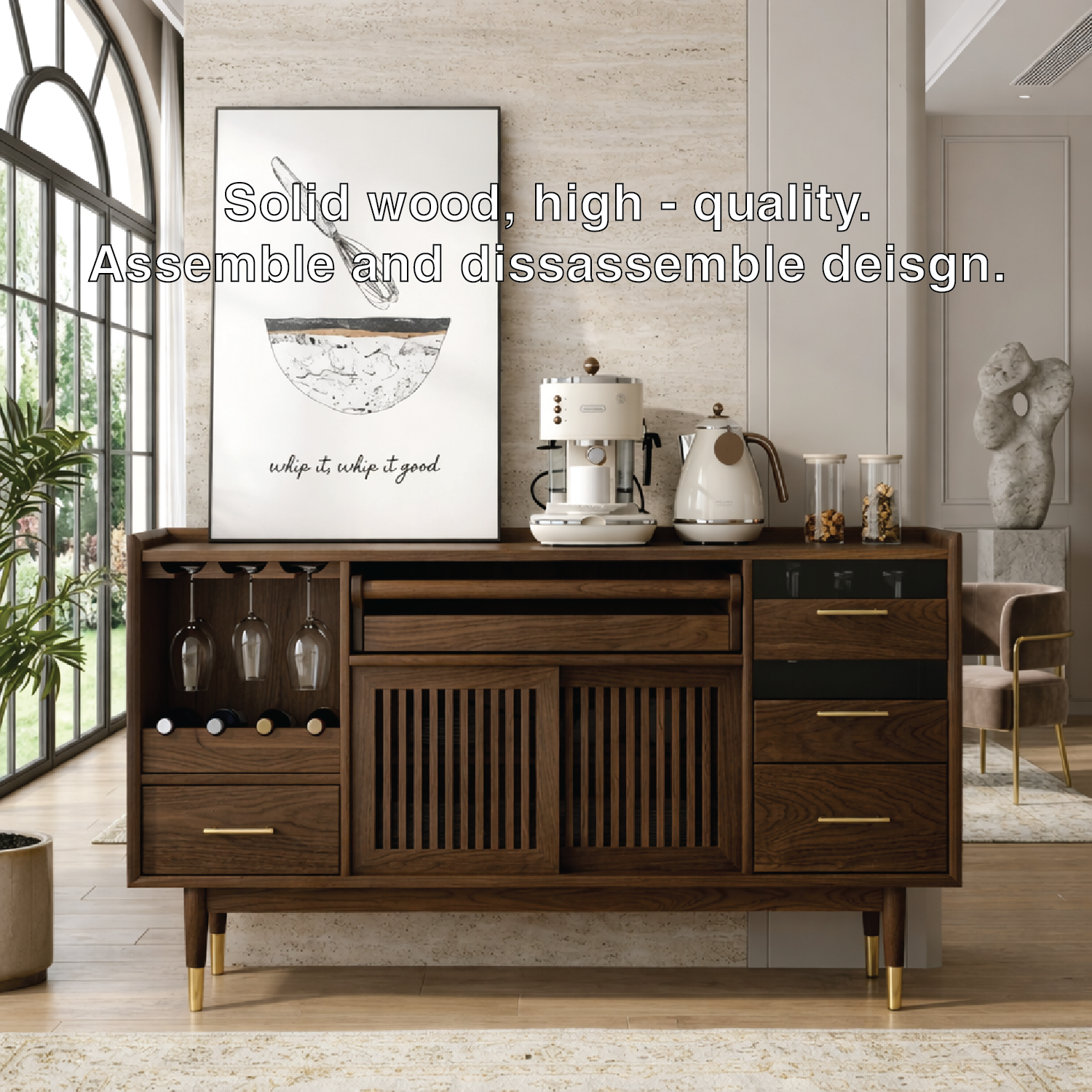 Luxury Modern Wooden Coffee Bar Cabinet, Fluted Sideboard with Wineglass Storage