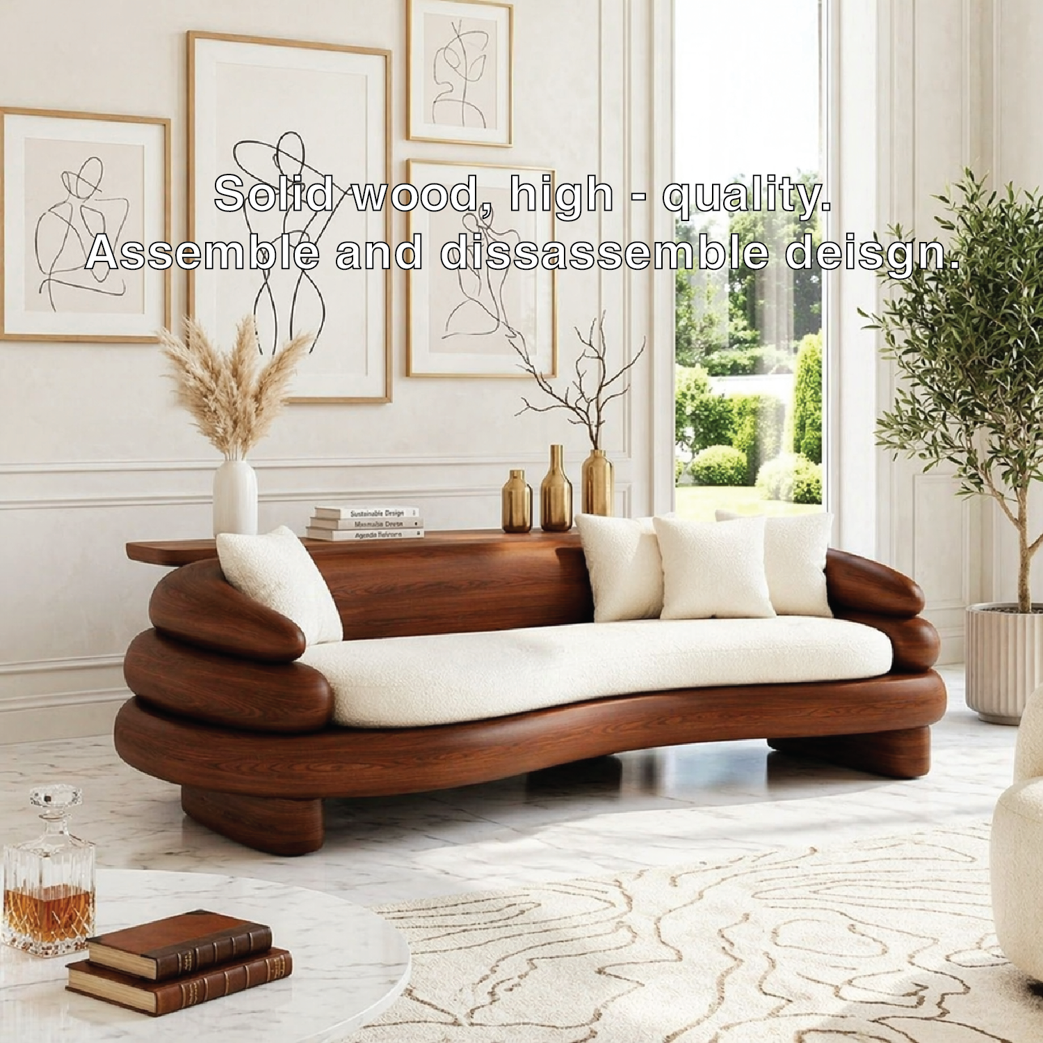 Organic Modern Wooden Sofa, Sculptural Curved Statement Couch with Cream Cushions