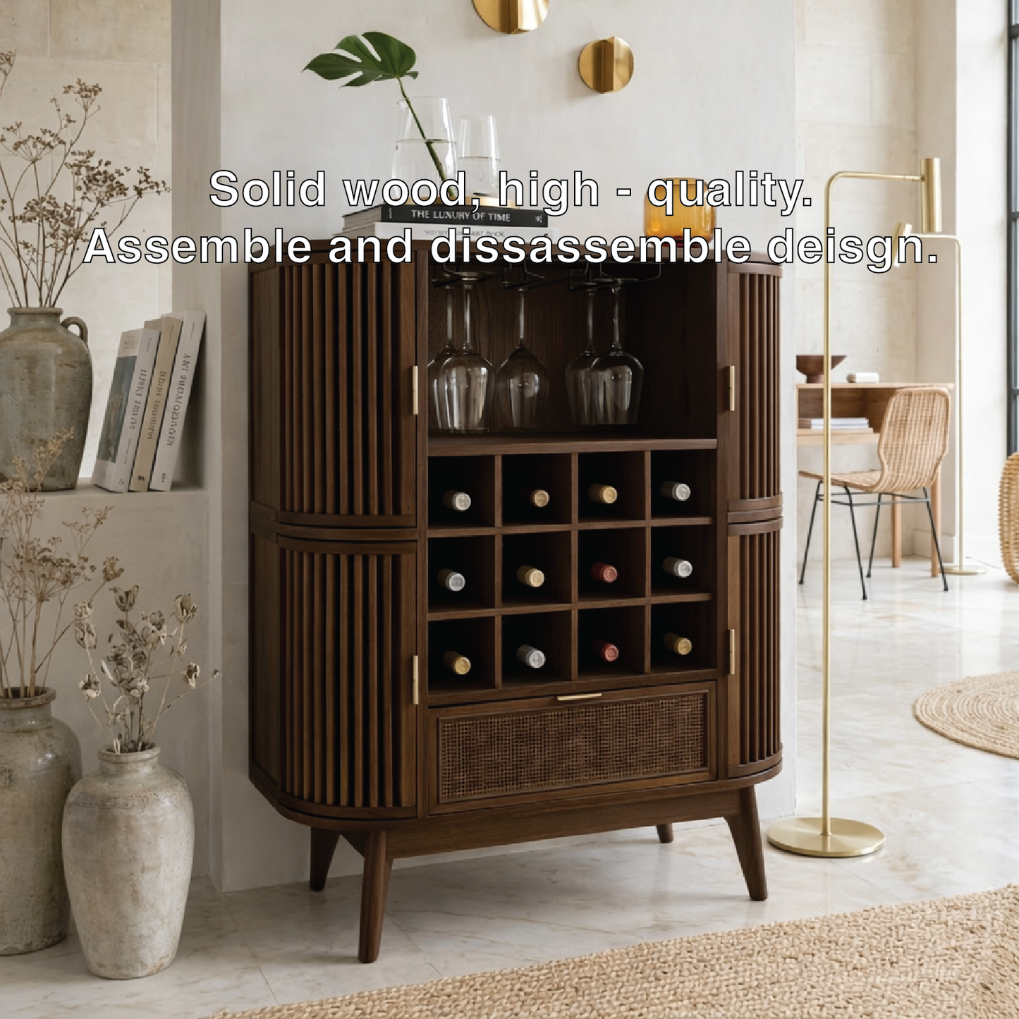 Contemporary Wooden Bar Cabinet, Fluted Entertaining Console with Glassware Storage
