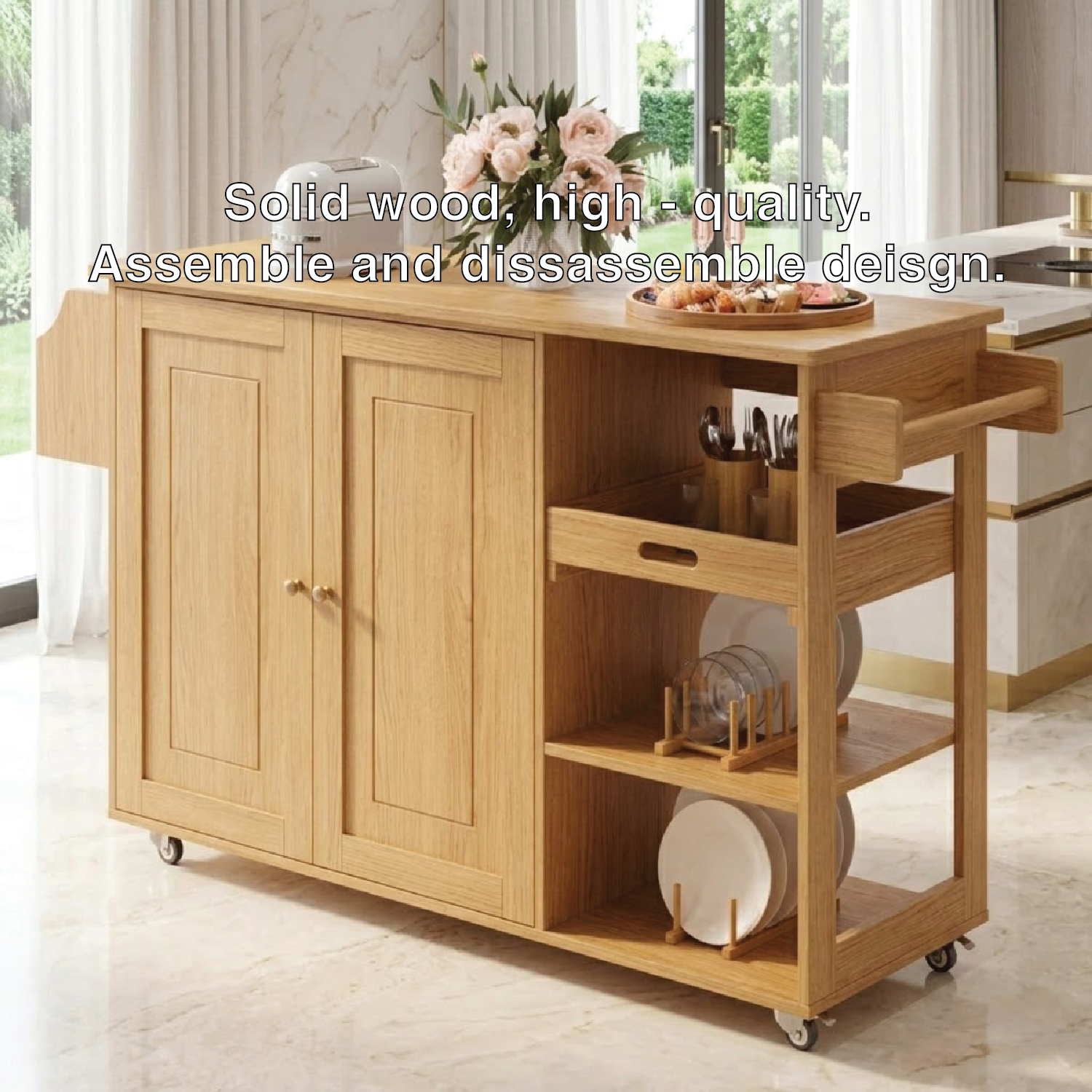 Rolling Kitchen Island with Storage Cabinet, Pull Out Tray, Modern Prep Cart for Dining Space
