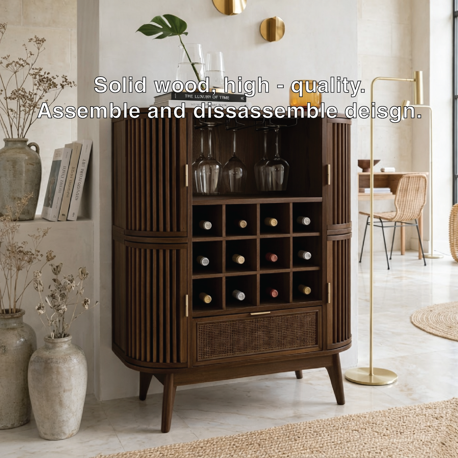 Contemporary Wooden Bar Cabinet, Fluted Entertaining Console with Glassware Storage