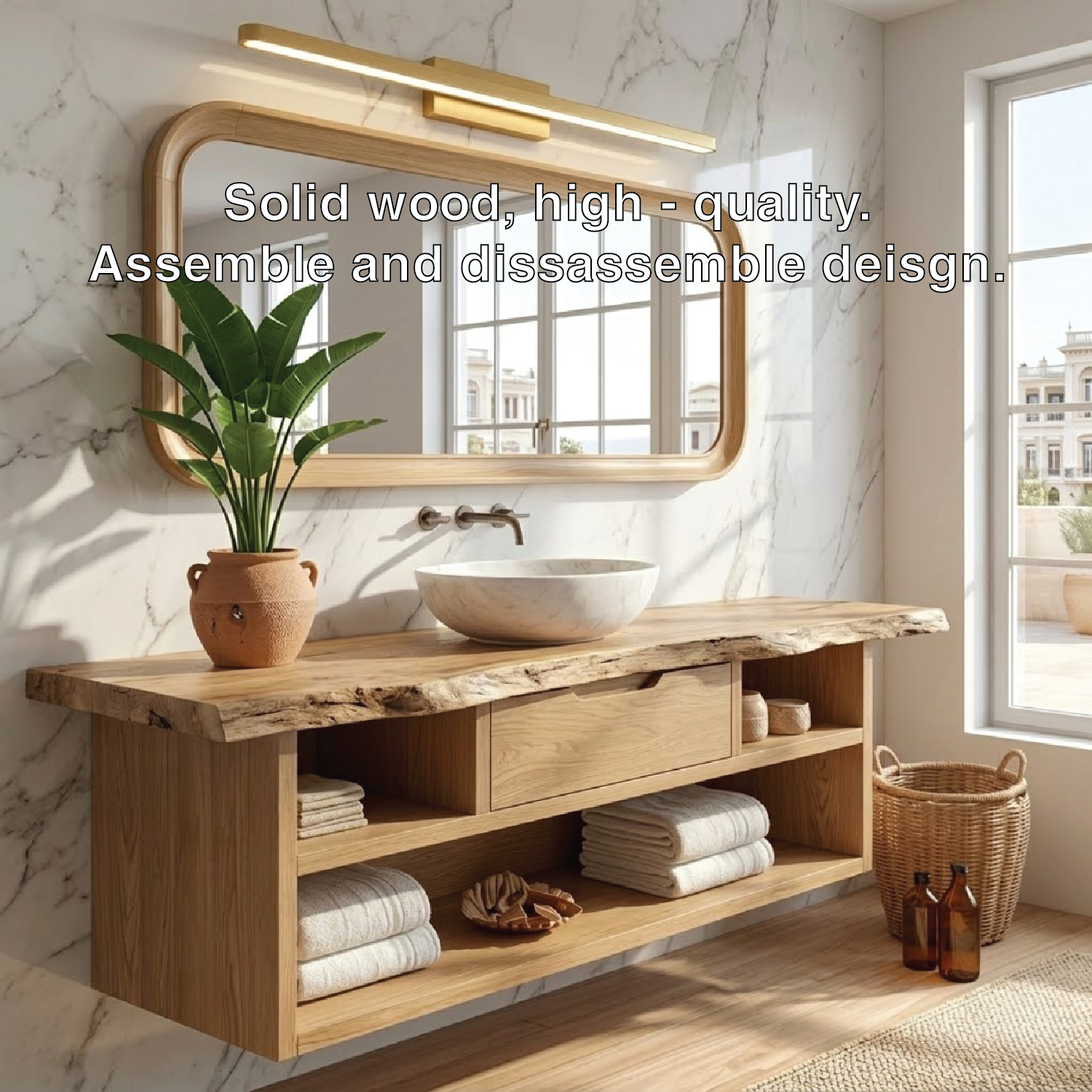 Modern Floating Vanity with Walnut Wood, Marble Sink, and Spacious Storage