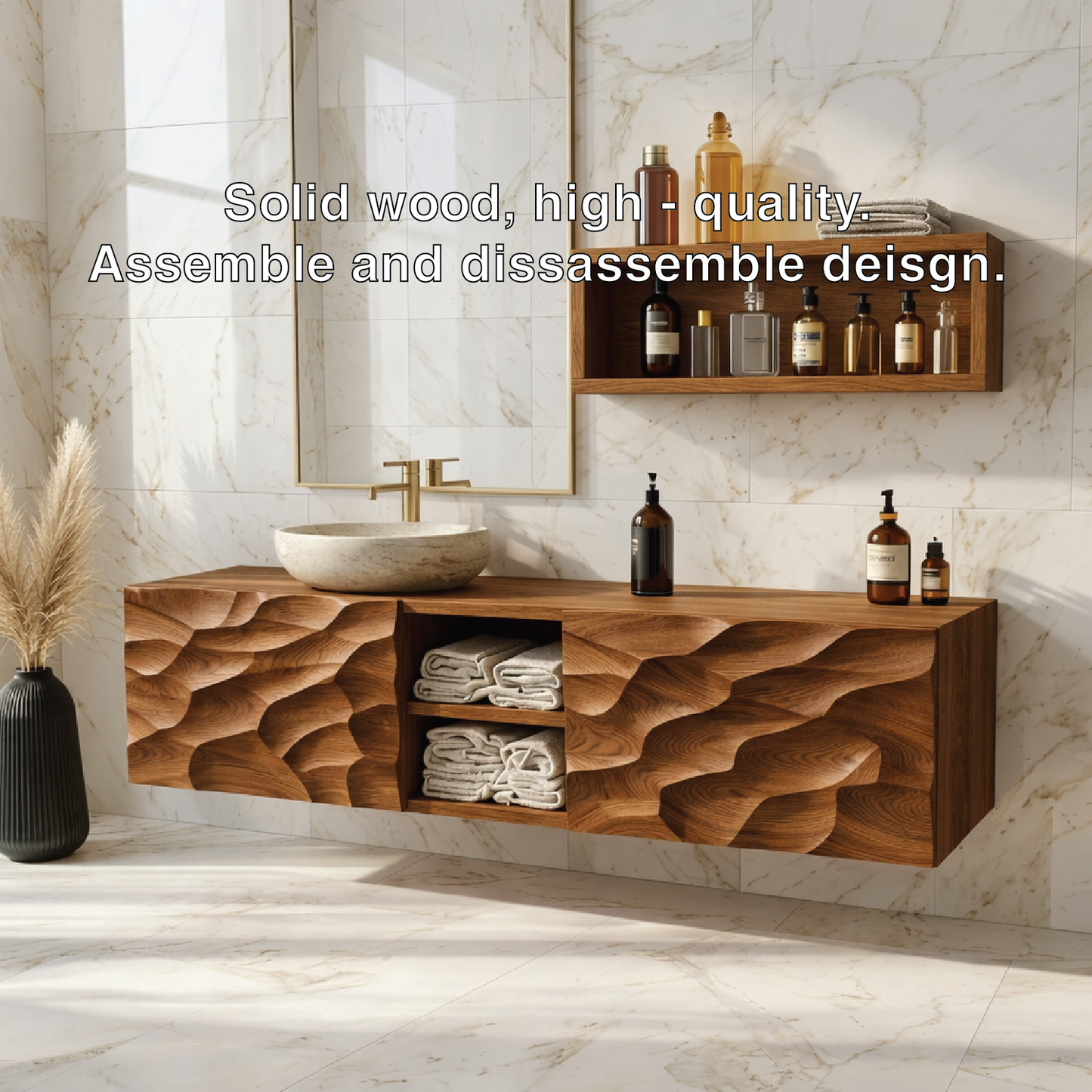 Modern Solid Wood Bathroom Vanity with Floating Storage and Sculpted Front Panels