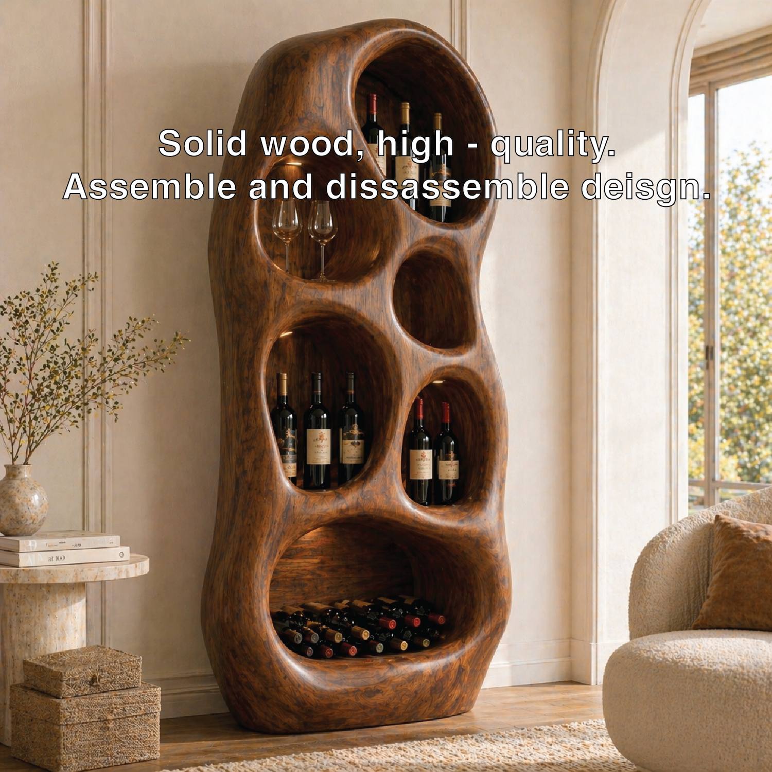 Sculptural Tall Wine Cabinet Freestanding Bottle Display Modern Bar Storage Shelf Unit