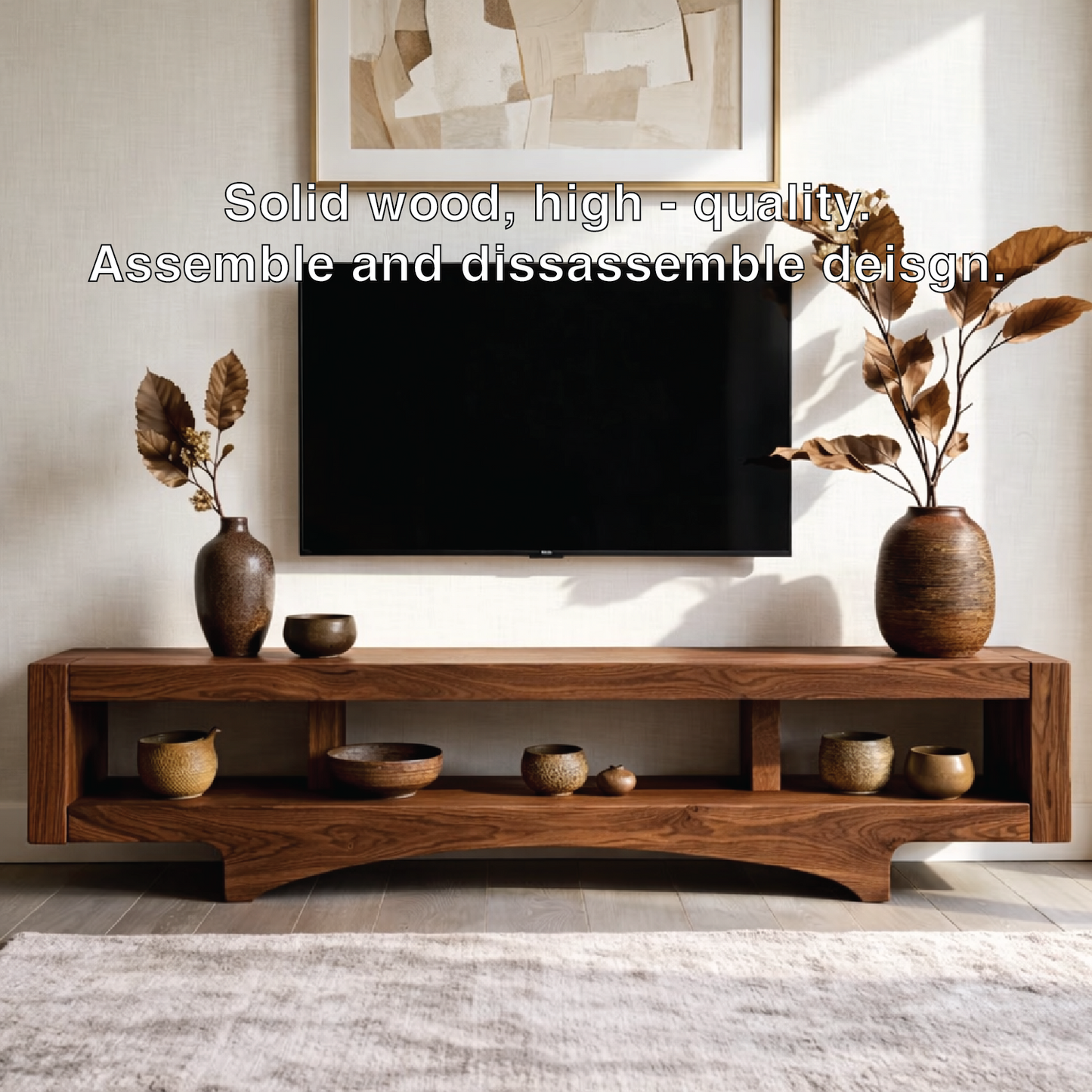 Solid Wood TV Stand with Open Shelf, Minimalist Low Profile Media Console