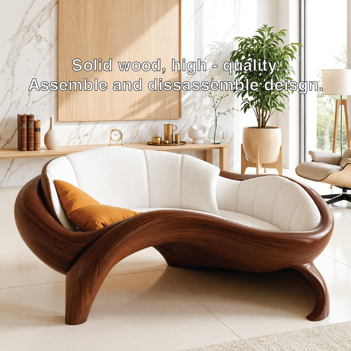 Organic Modern Wooden Lounge Chair, Sculptural Curved Sofa with Oversized Cushion
