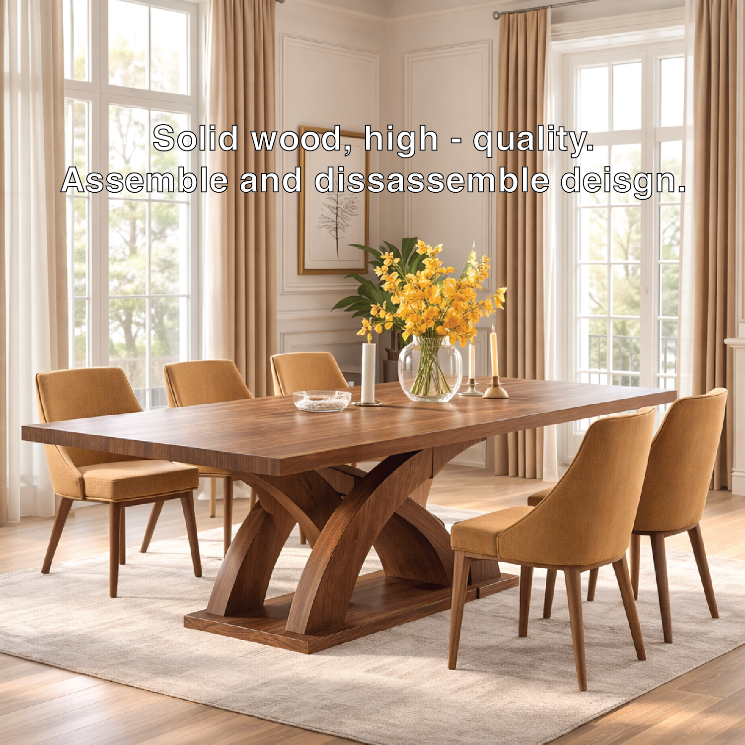 Modern Dining Table Sculptural Curved Base Large Wooden Dining Table for Home