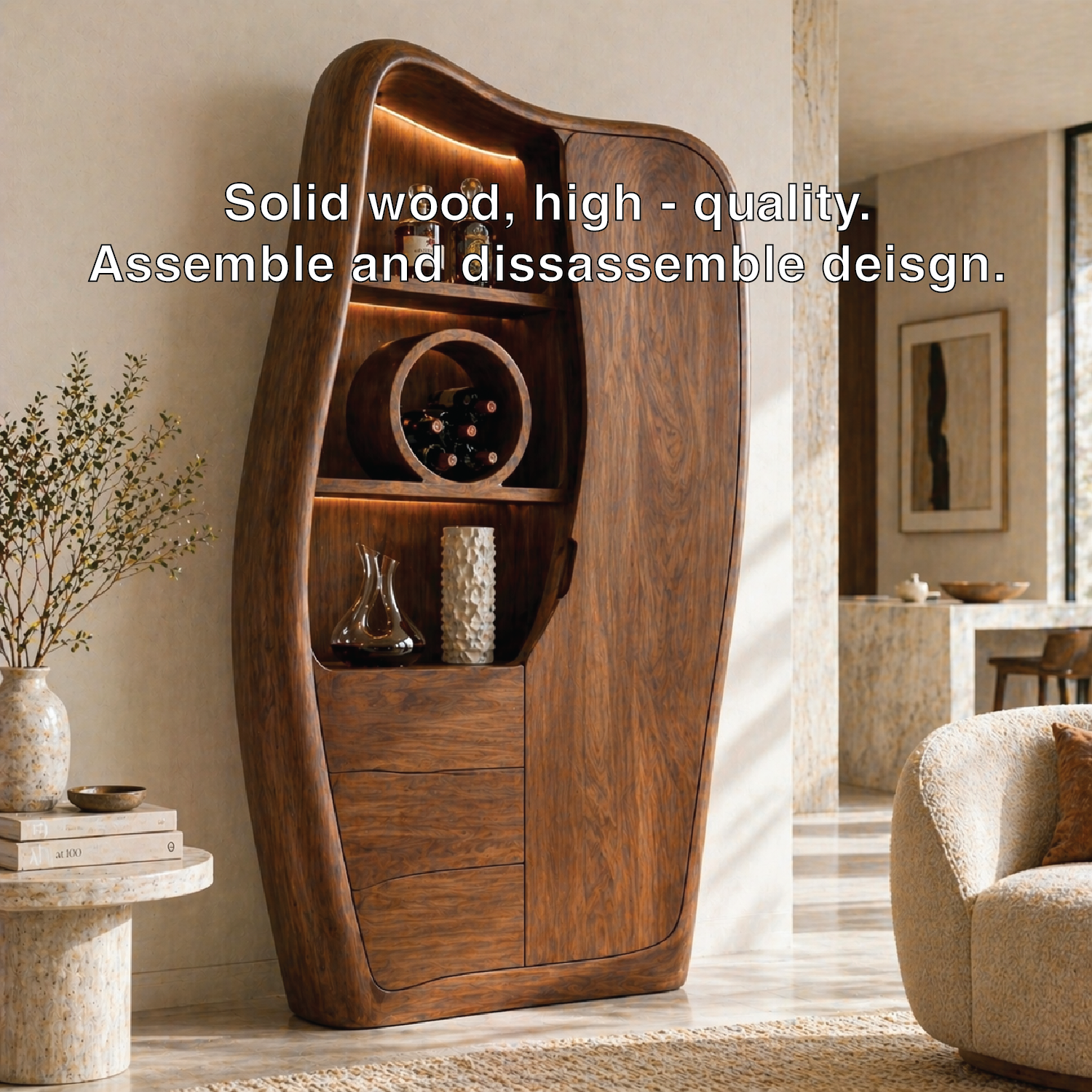 Sculptural Tall Bar Cabinet Wine Storage Display Shelves Freestanding Statement Piece
