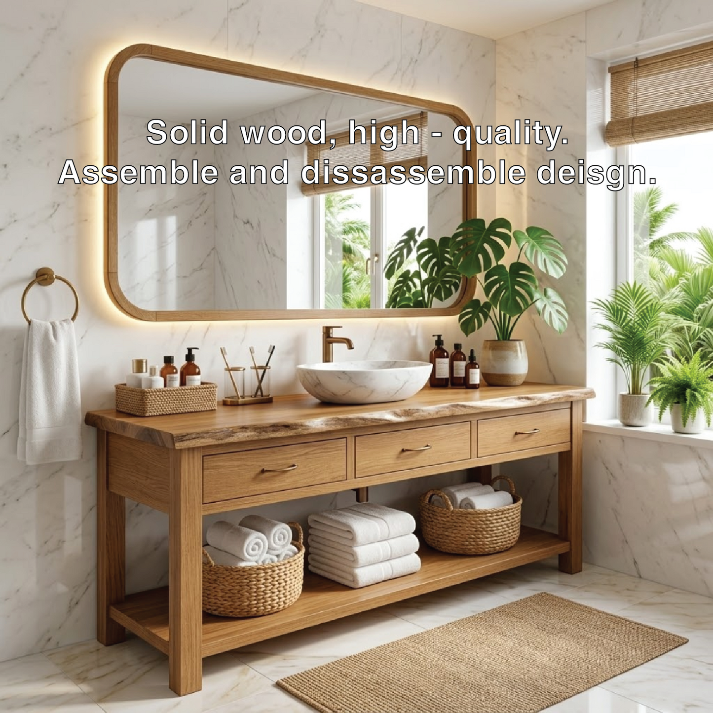 Elegant Wooden Bathroom Vanity with Spacious Storage and Marble Sink Kitchnce