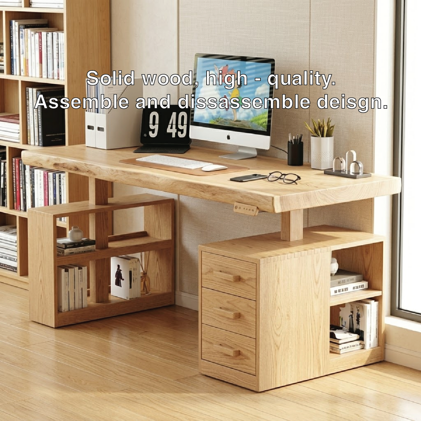 Modern Writing Desk with Drawers and Shelves, Home Office Computer Workstation Table