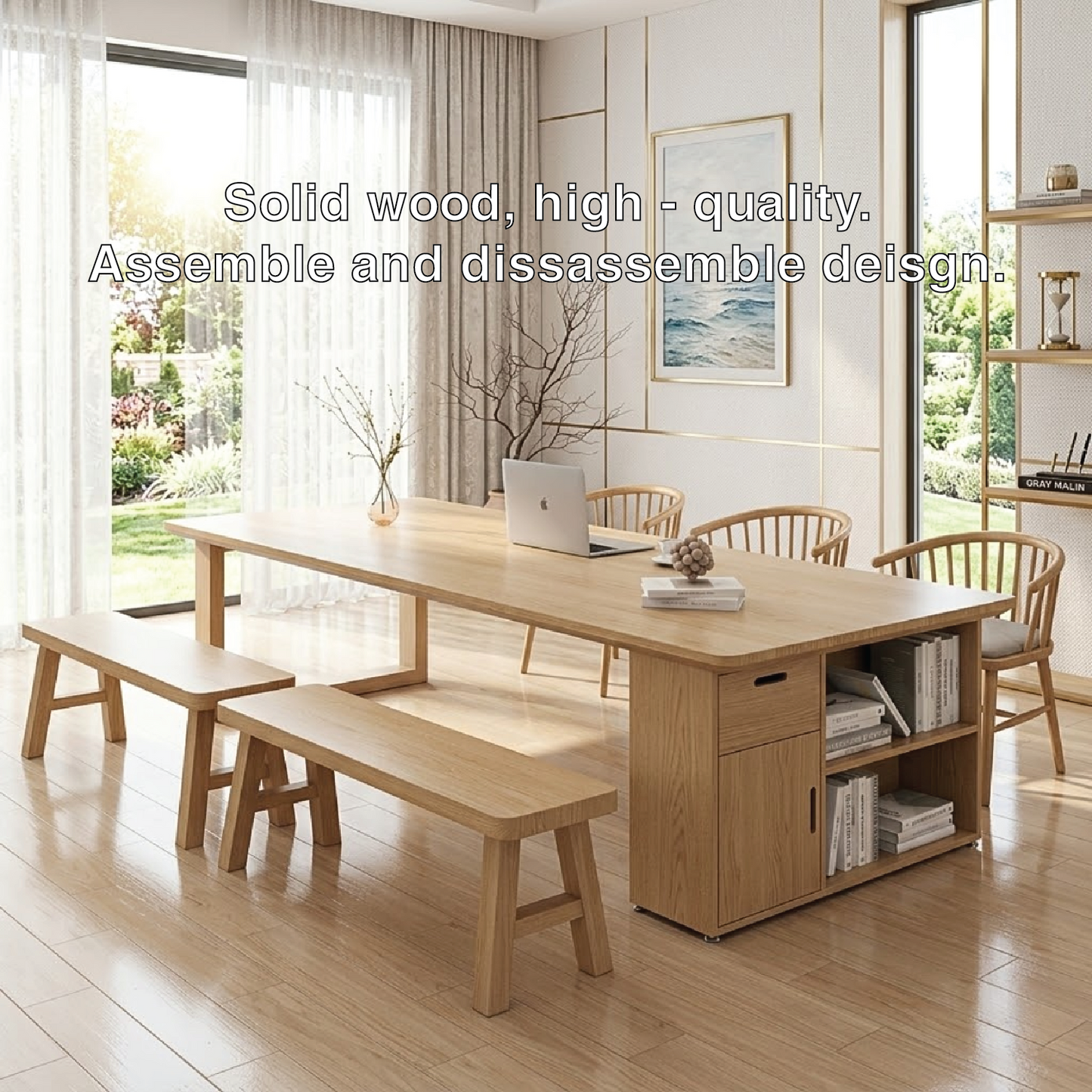 Modern Wooden Desk with Storage and Benches for Office or Home
