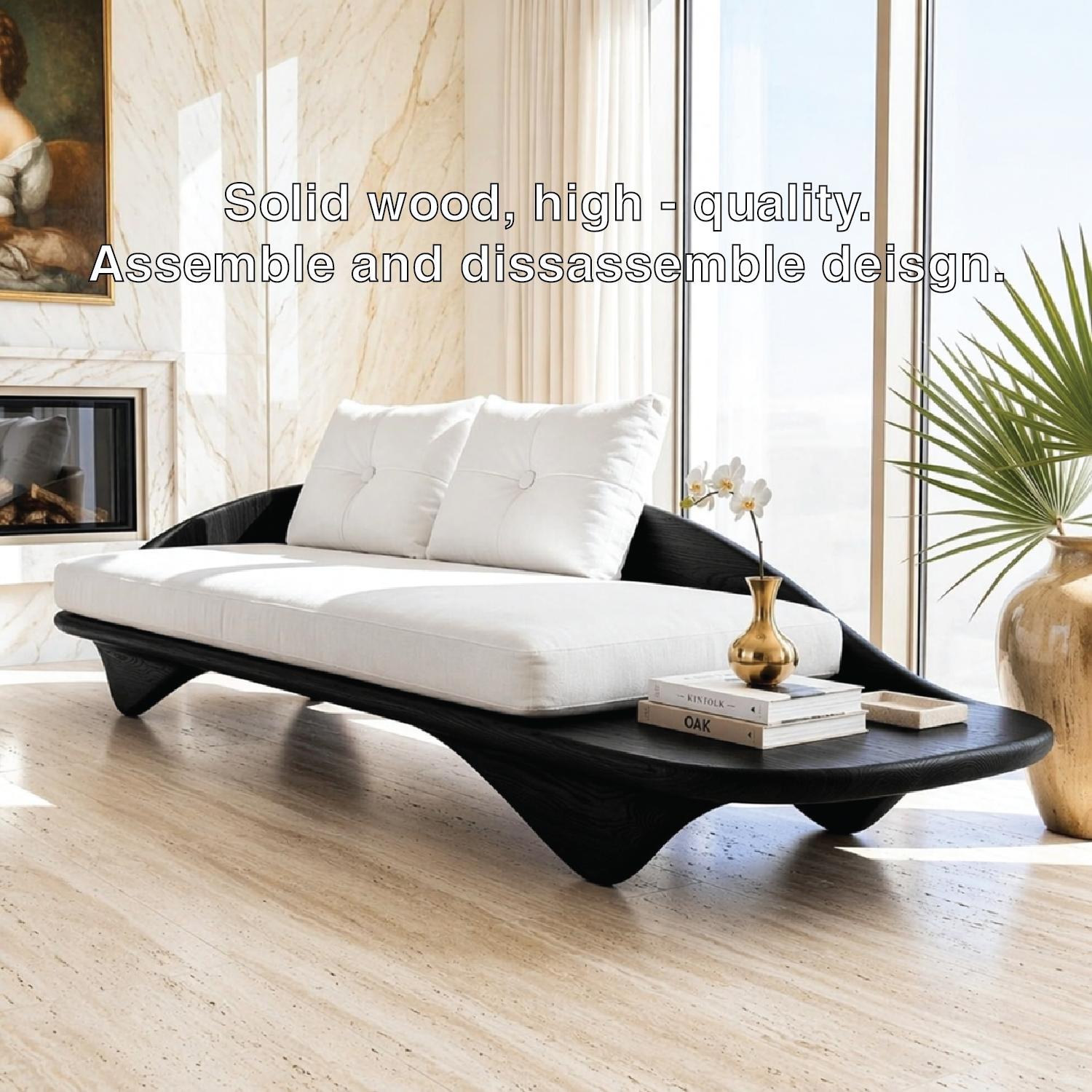 Contemporary Wooden Chaise Sofa, Minimalist Lounge Daybed with Integrated Platform