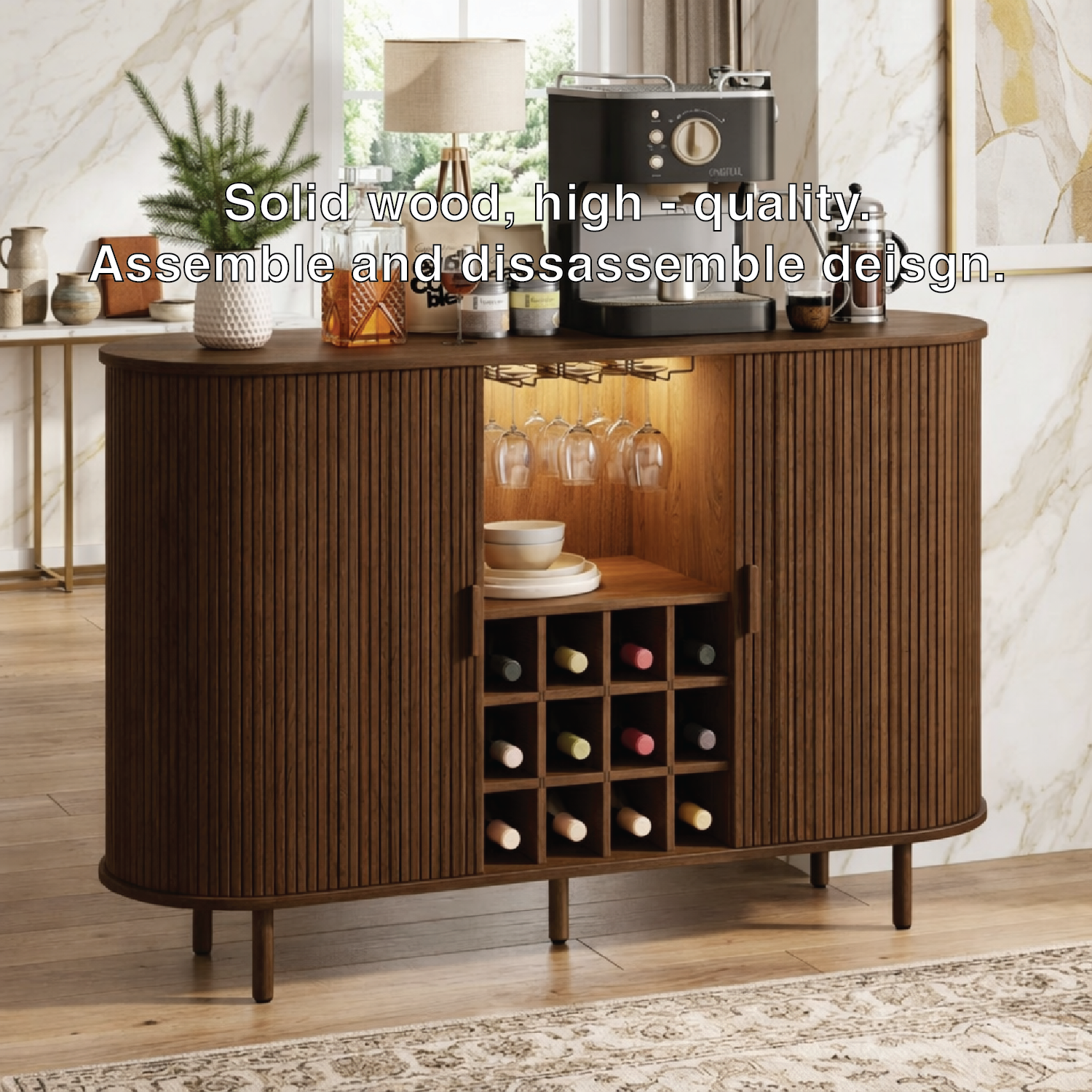 Contemporary Fluted Wooden Bar Cabinet, Coffee Station Sideboard with Wine Storage