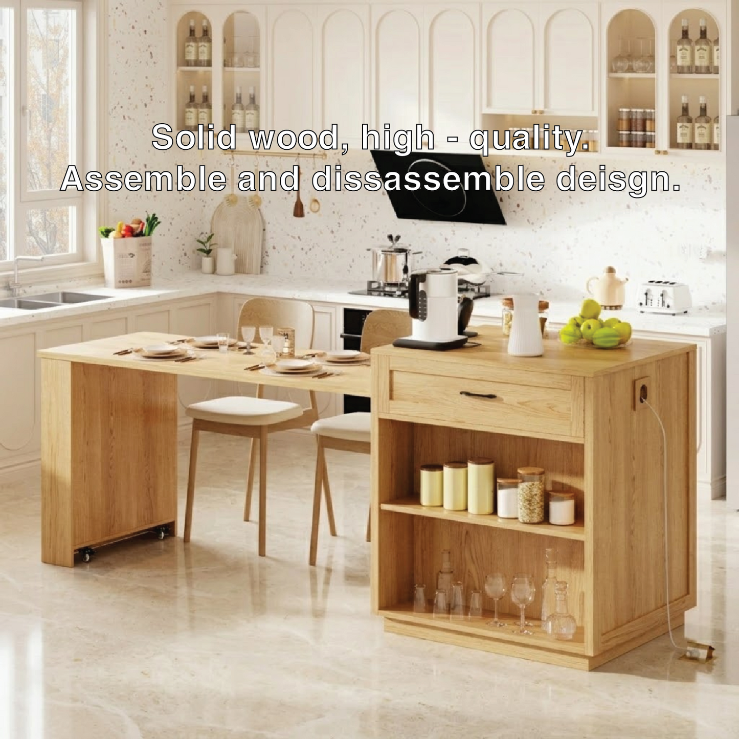Rolling Kitchen Island with Extendable Dining Table, Storage Shelf, Modern Prep Cart Home