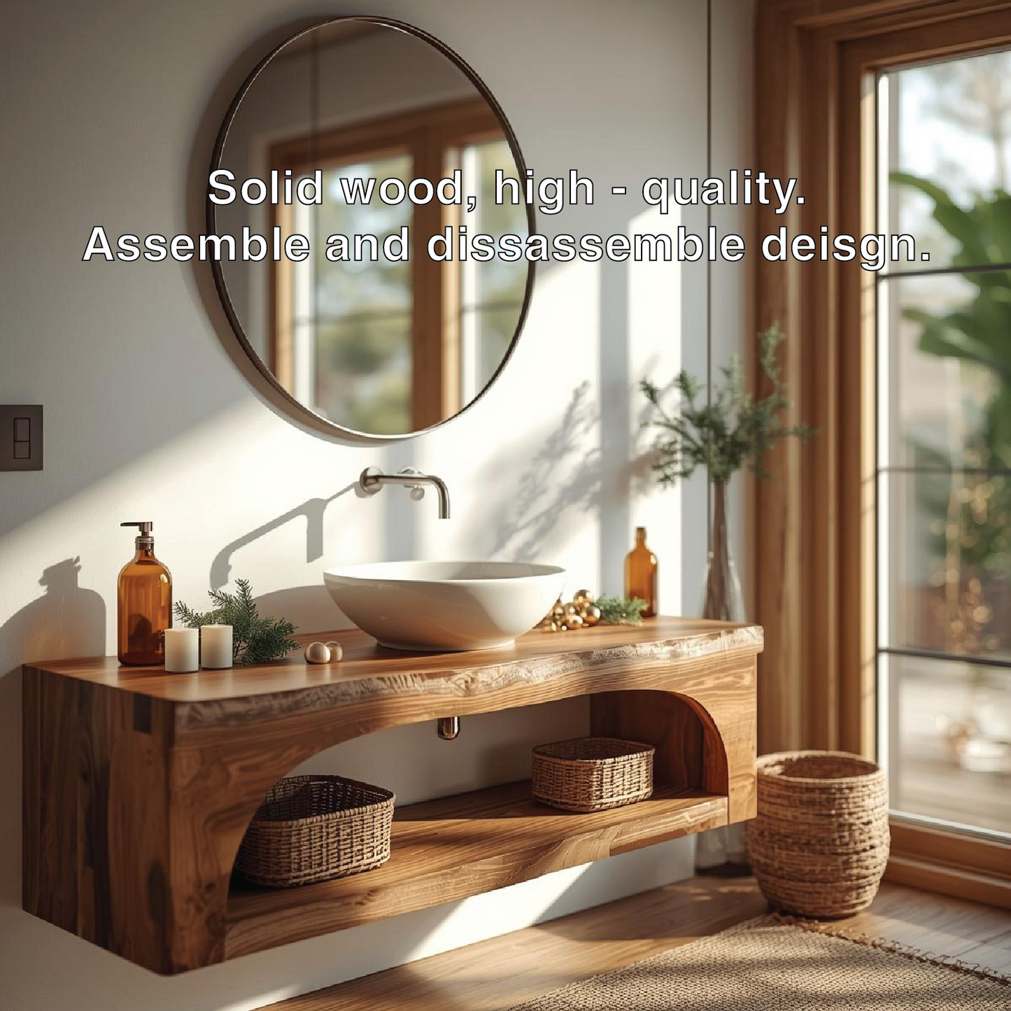 Floating Vanity with Walnut Wood Finish and Spacious Storage Shelf Kitchnce