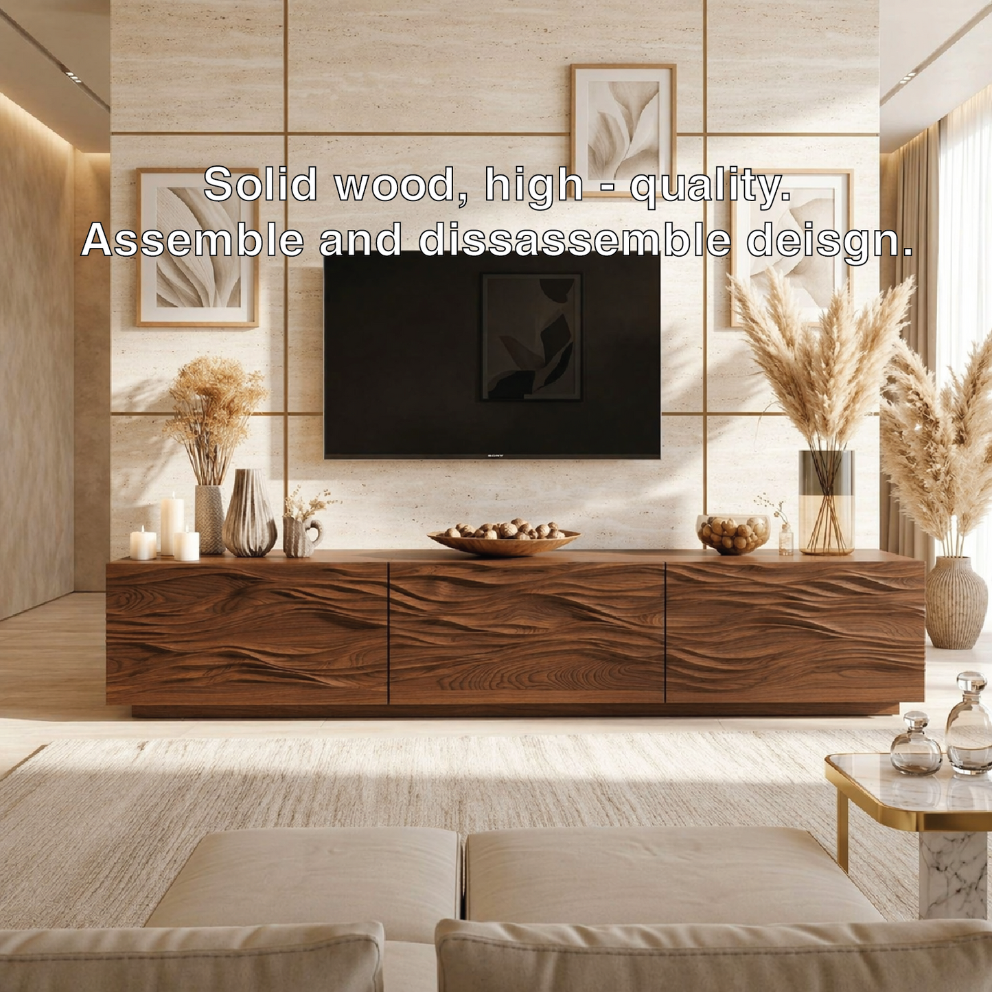 Sculptural Wave Carved TV Console, Modern Entertainment Cabinet for Refined Interiors