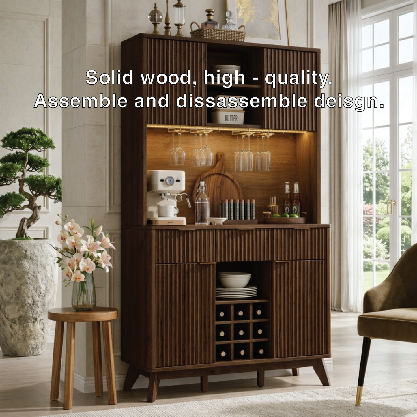 Tall Contemporary Fluted Wooden Bar Cabinet, Coffee-Station Hutch with Wine Storage