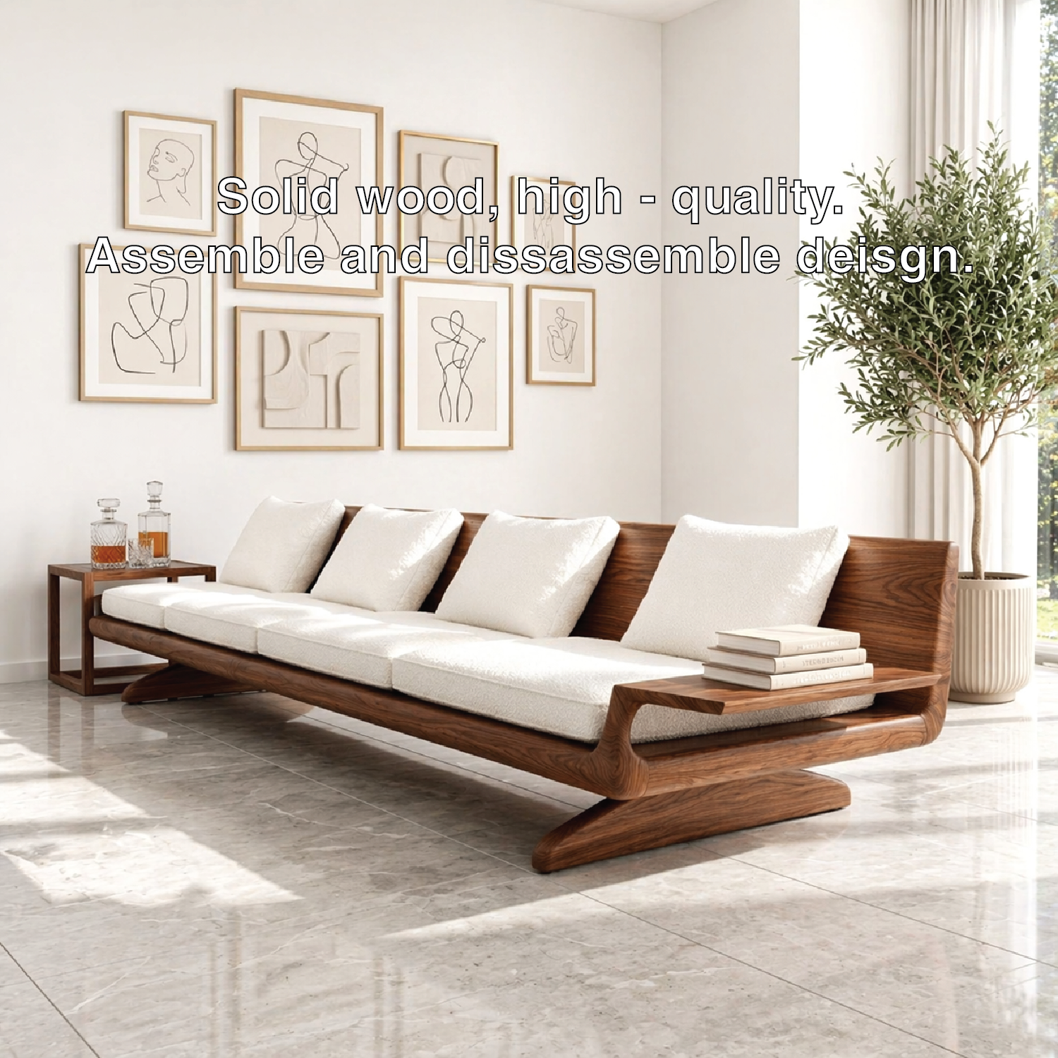 Modern Wooden Sofa, Minimalist Daybed Couch with Integrated Side Display Shelving