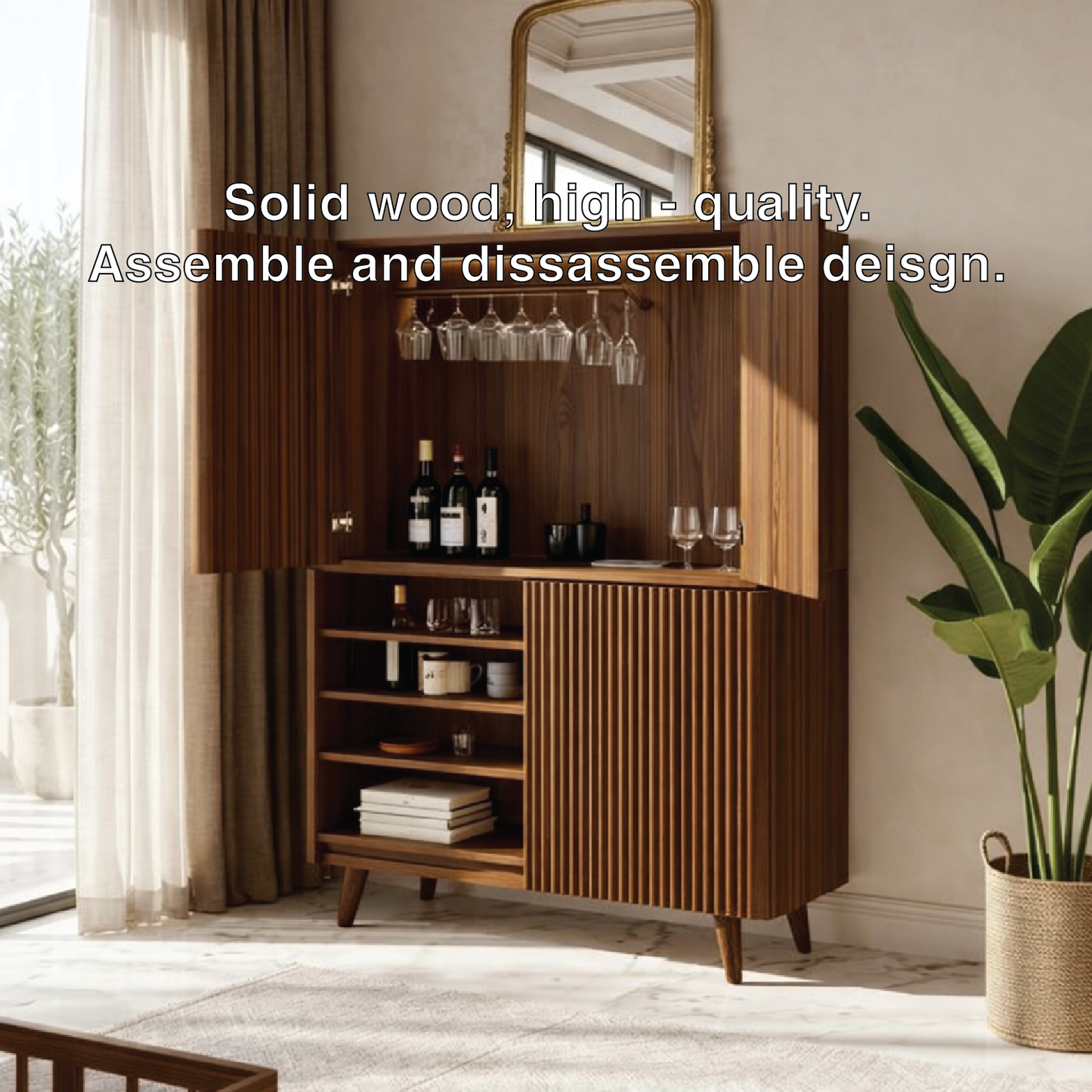 Modern Fluted Bar Cabinet with Wine Glass Rack and Concealed Storage Shelves