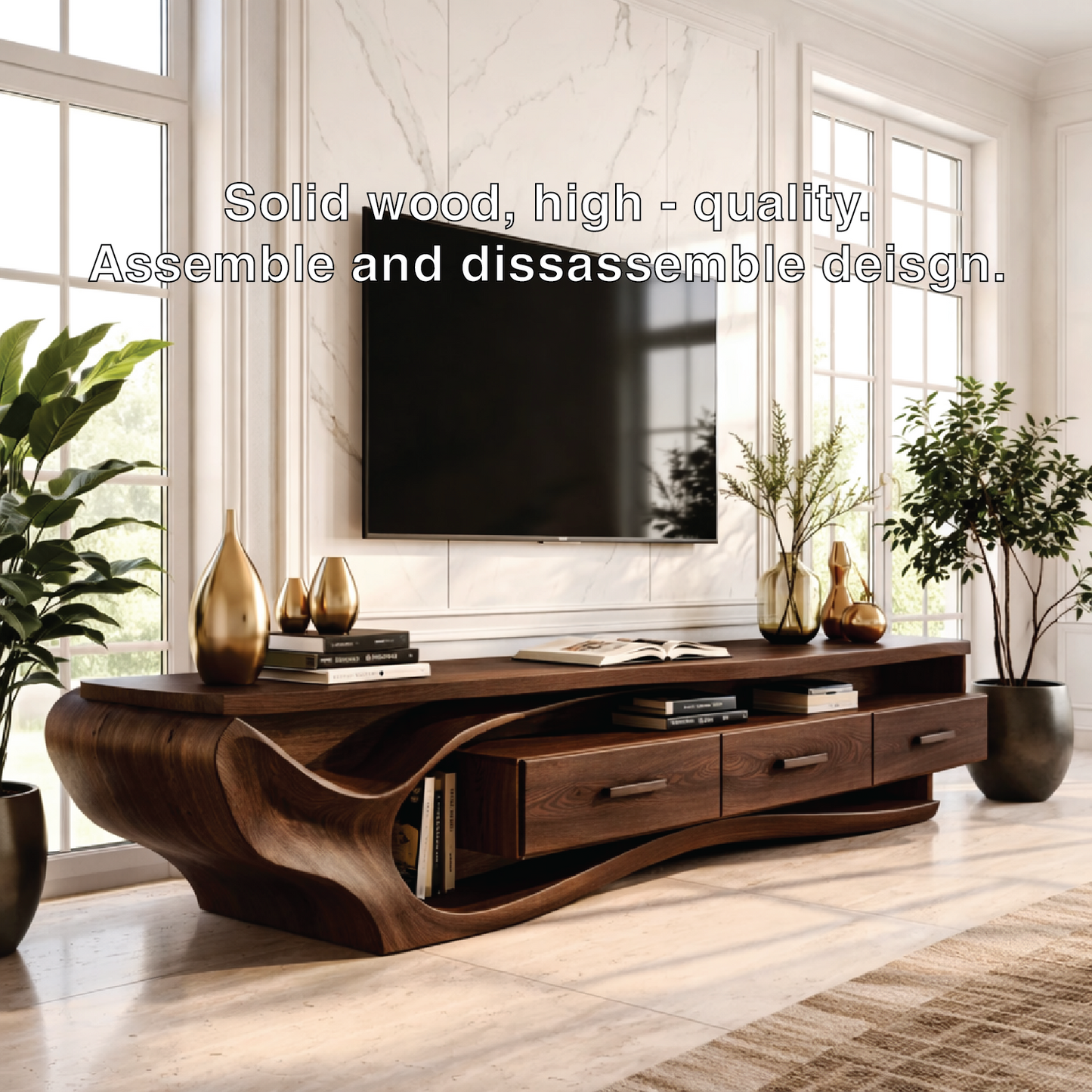 Solid Wood TV Stand with Wave Design, Modern Media Console Cabinet
