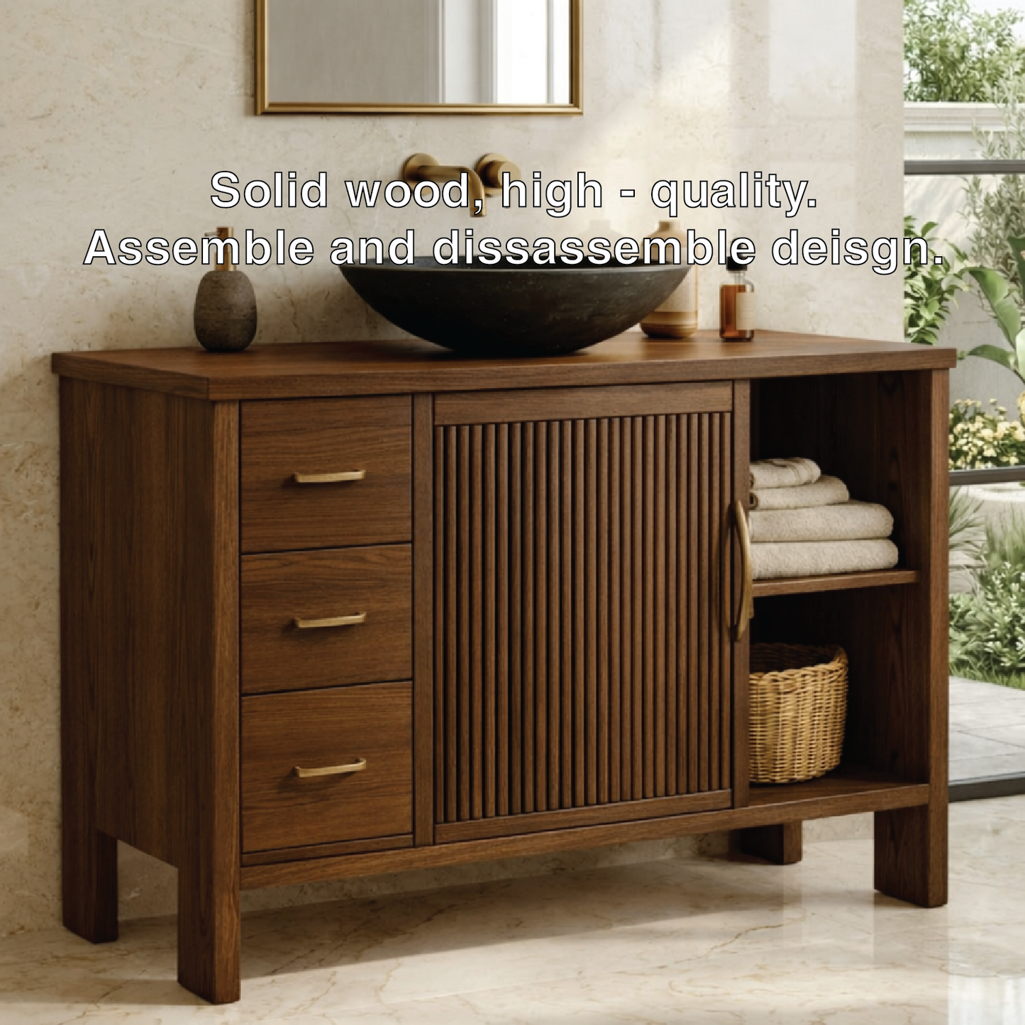 Modern Solid Wood Bathroom Vanity with Fluted Door, Drawers and Open Shelf Storage