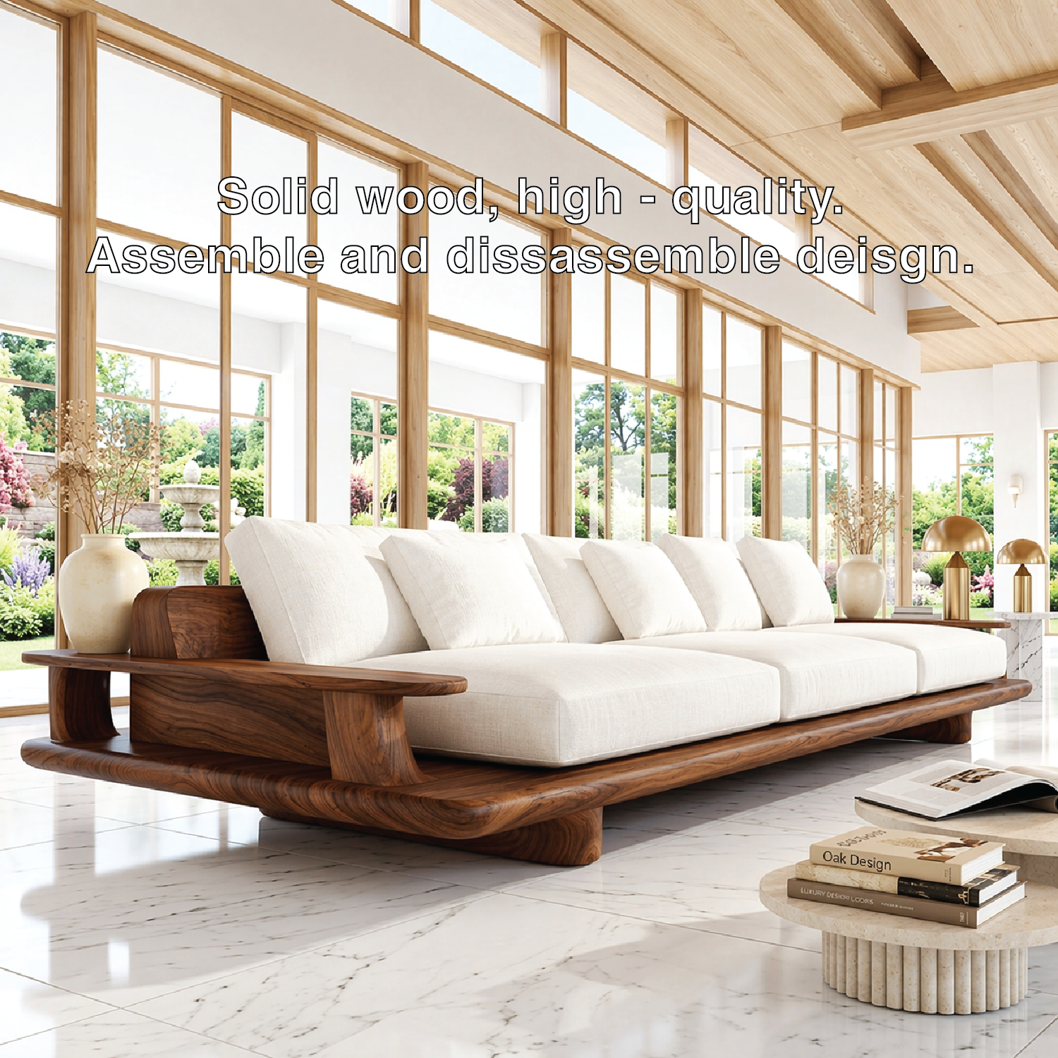 Modern Wooden Platform Sofa, Luxury Minimalist Couch with Integrated Side Tables