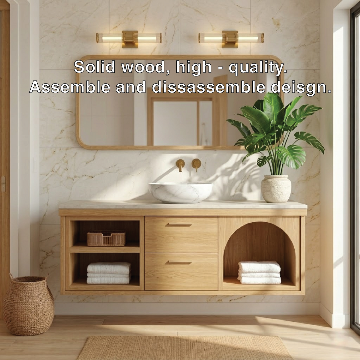 Modern Walnut Floating Vanity with Arched Shelf and Natural Finish Kitchnce