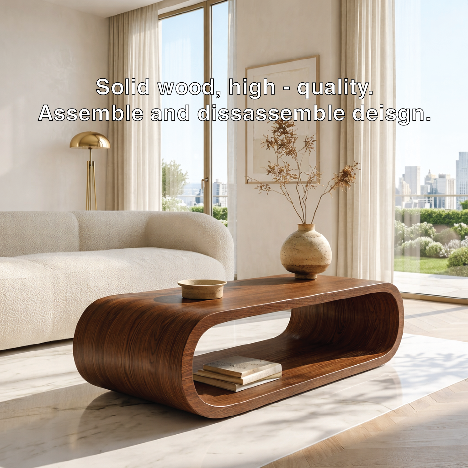 Modern Curved Coffee Table with Open Shelf for Contemporary Minimalist Interiors