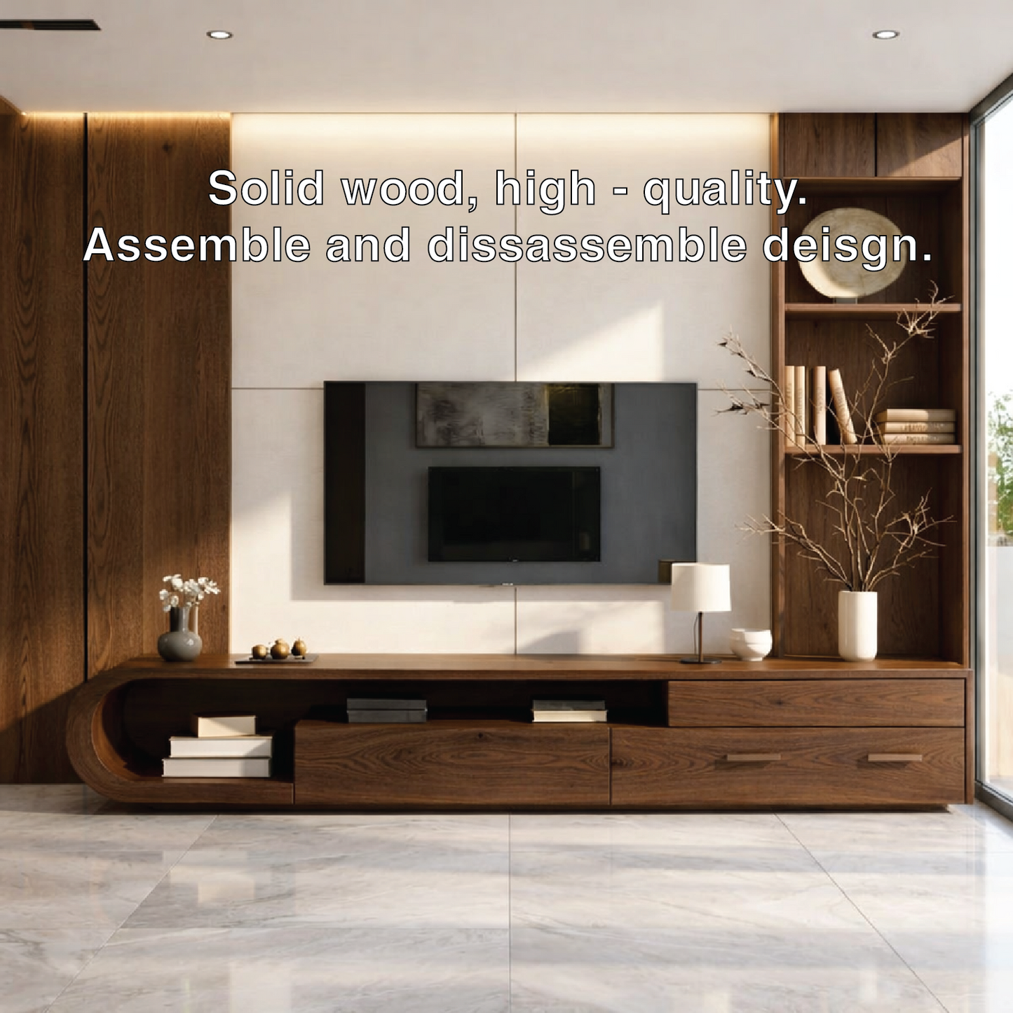 Solid Wood TV Stand with Curved Shelf, Modern Low Profile Media Console