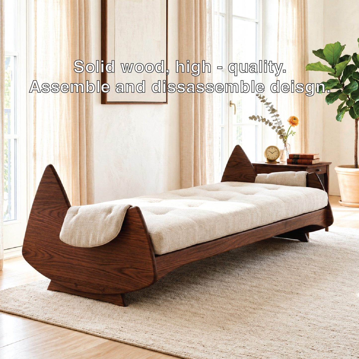 Sculptural Upholstered Daybed With Arched Ends, Cream Cushion, Bedroom Lounge Bench