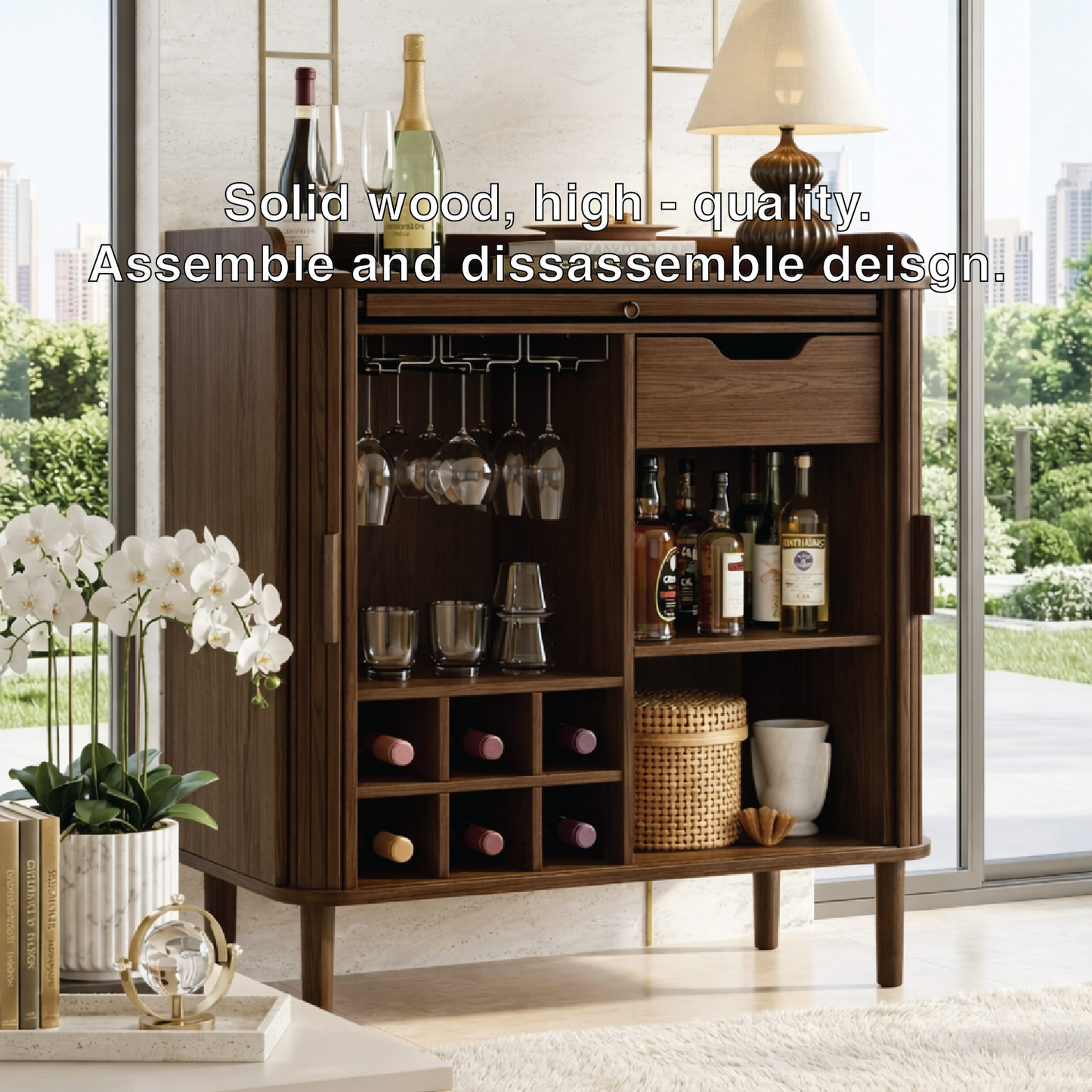 Elegant Modern Wooden Bar Cabinet, Fluted Home-Bar Console with Wineglass Storage
