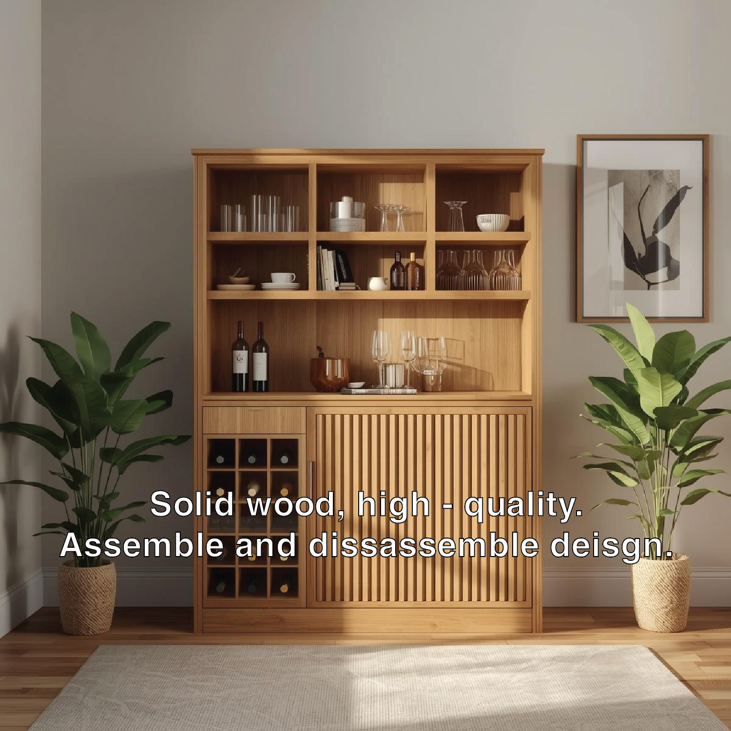 Handcrafted Solid Wood Wine Cabinet with Shelves and Bottle Storage Modern Home Bar