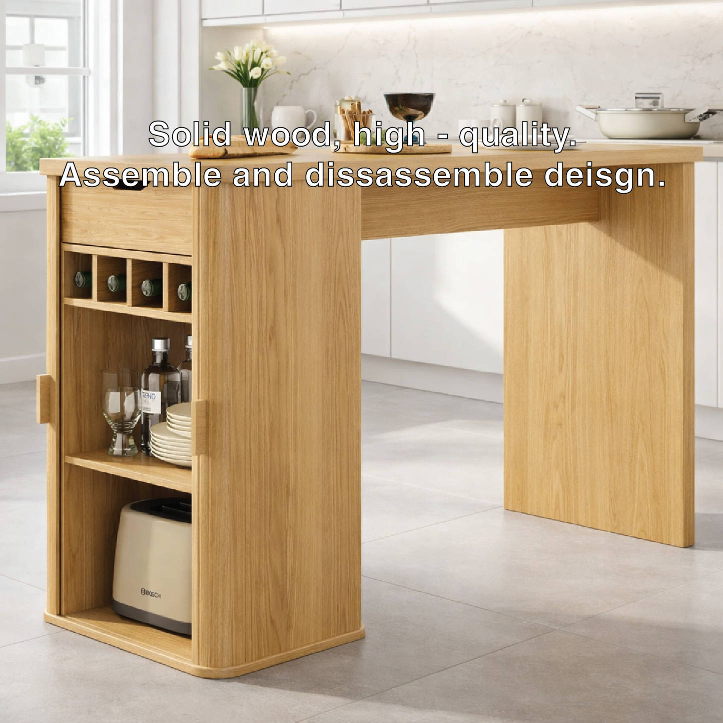 Modern Kitchen Island with Storage, Rolling Prep Table, Kitchen Cart with Wine Rack Cabinet