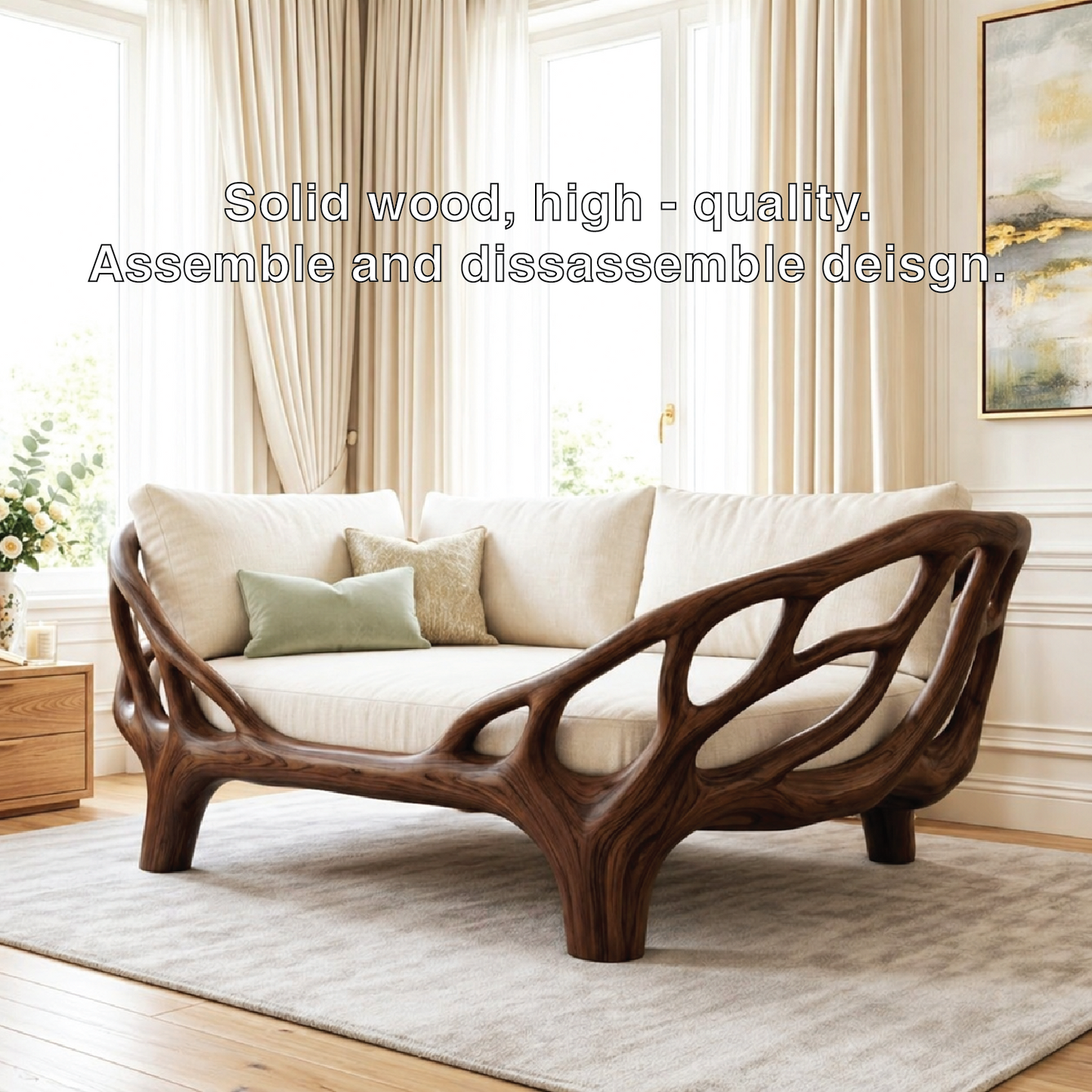 Contemporary Sculptural Daybed Sofa With Open Frame, Cream Cushions, Luxury Lounge