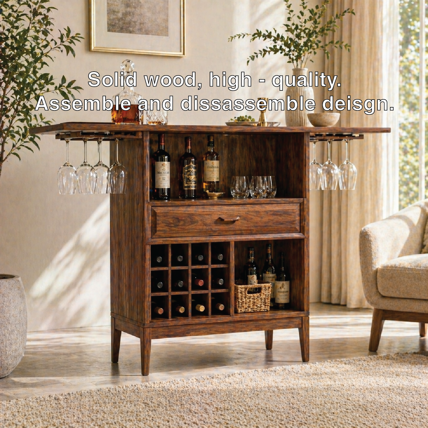 Expandable Bar Cabinet Wine Storage Glass Rack Home Entertaining Display Furniture