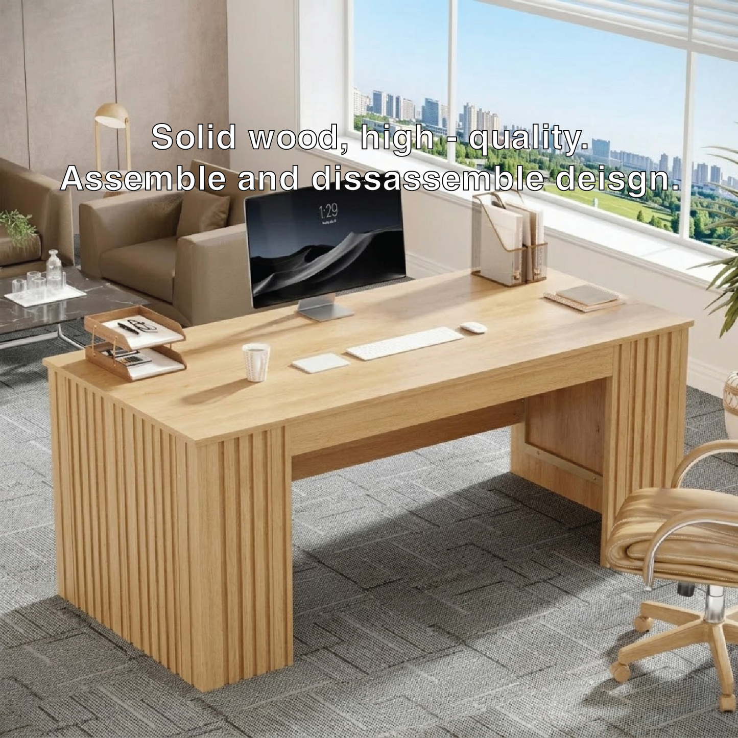 Modern Fluted Executive Desk, Large Minimalist Home Office Workstation Writing Table