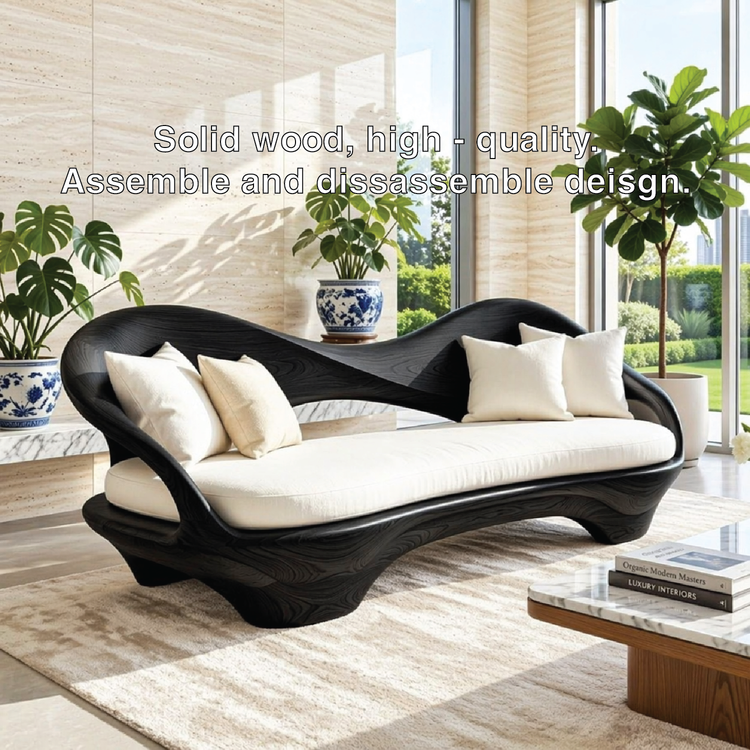 Organic Modern Wooden Sofa, Sculptural Statement Couch with Plush White Cushions