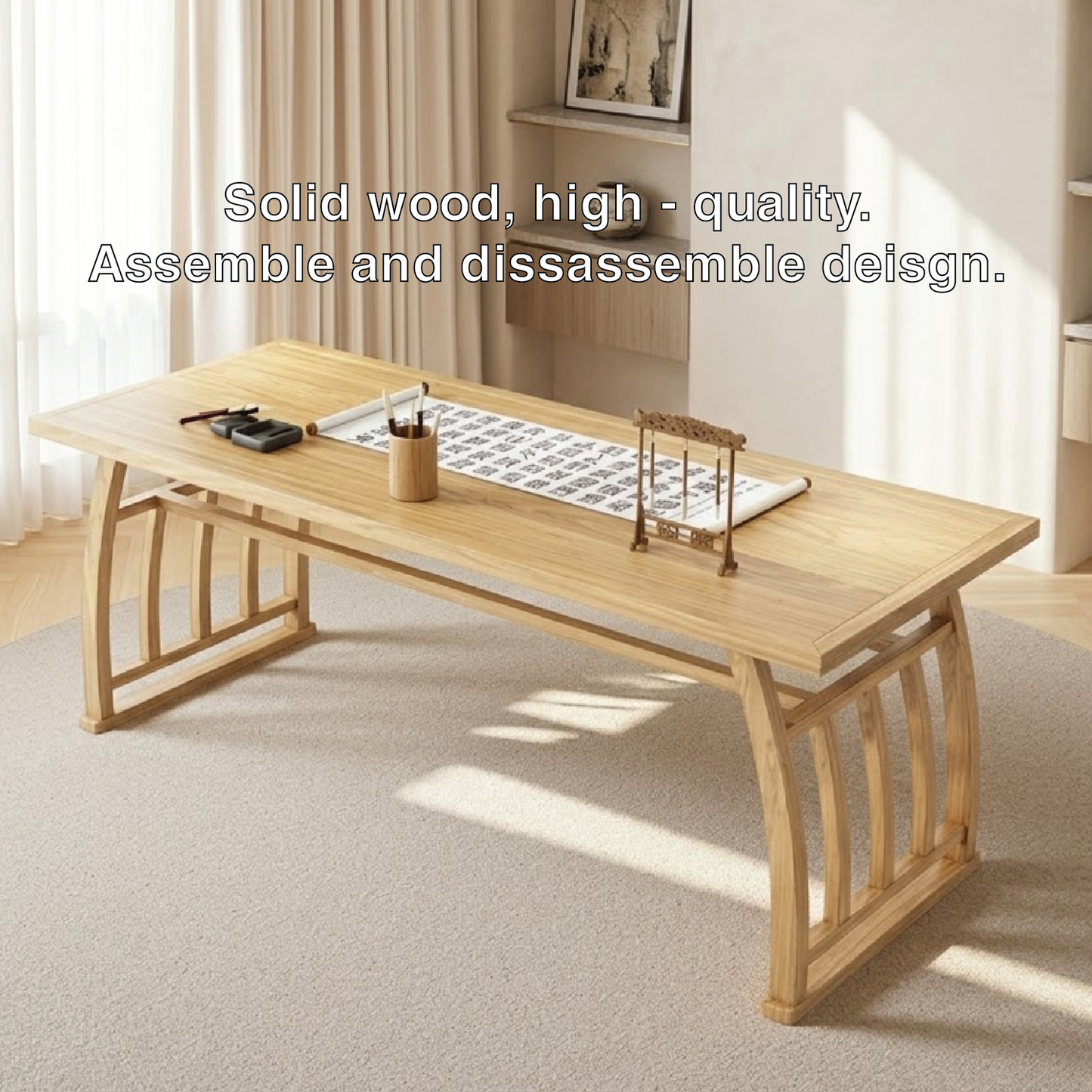 Minimalist Writing Desk, Curved Frame Contemporary Japanese Long Home Office Workspace Table
