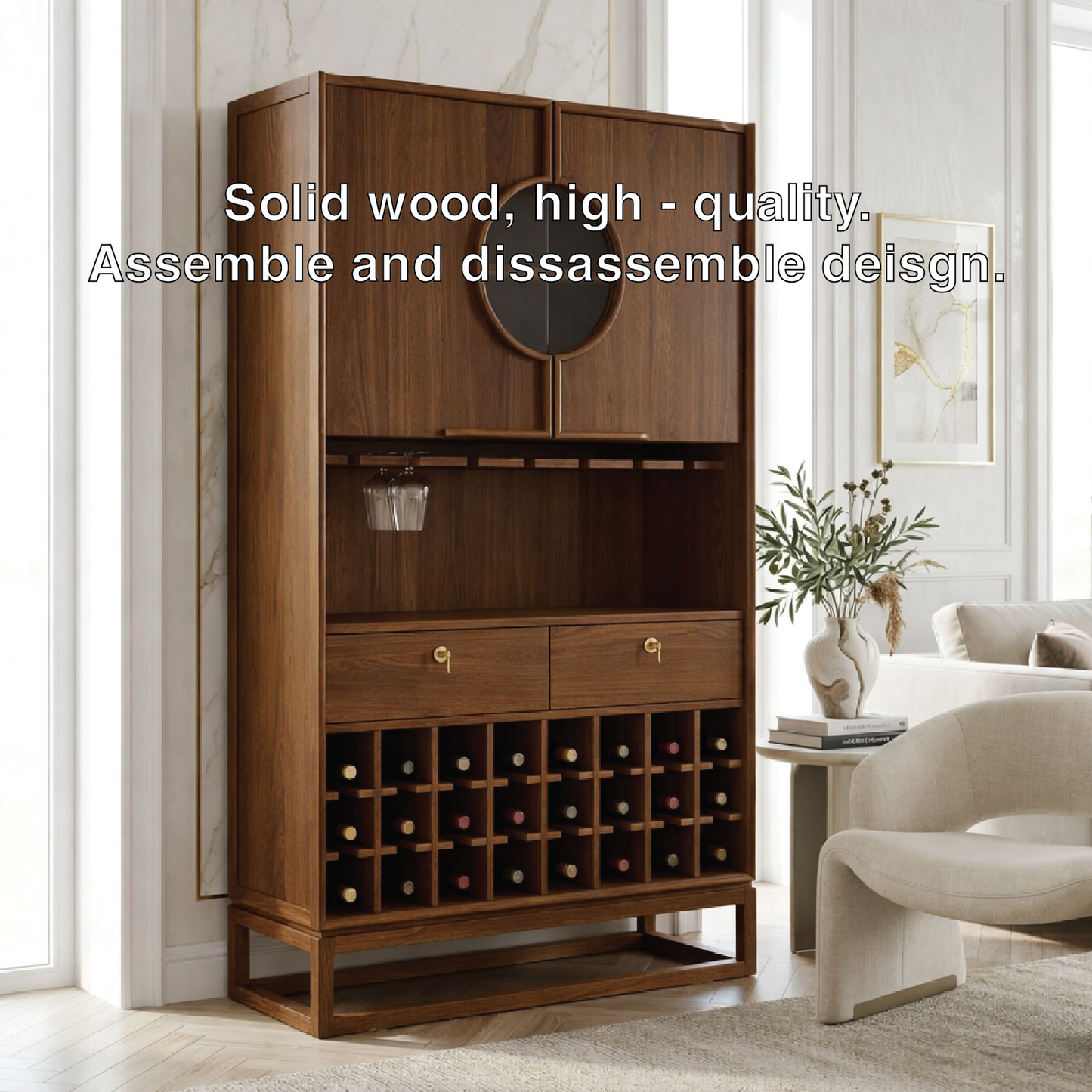Contemporary Wooden Bar Cabinet, Sophisticated Wine Storage Hutch with Circular Doors
