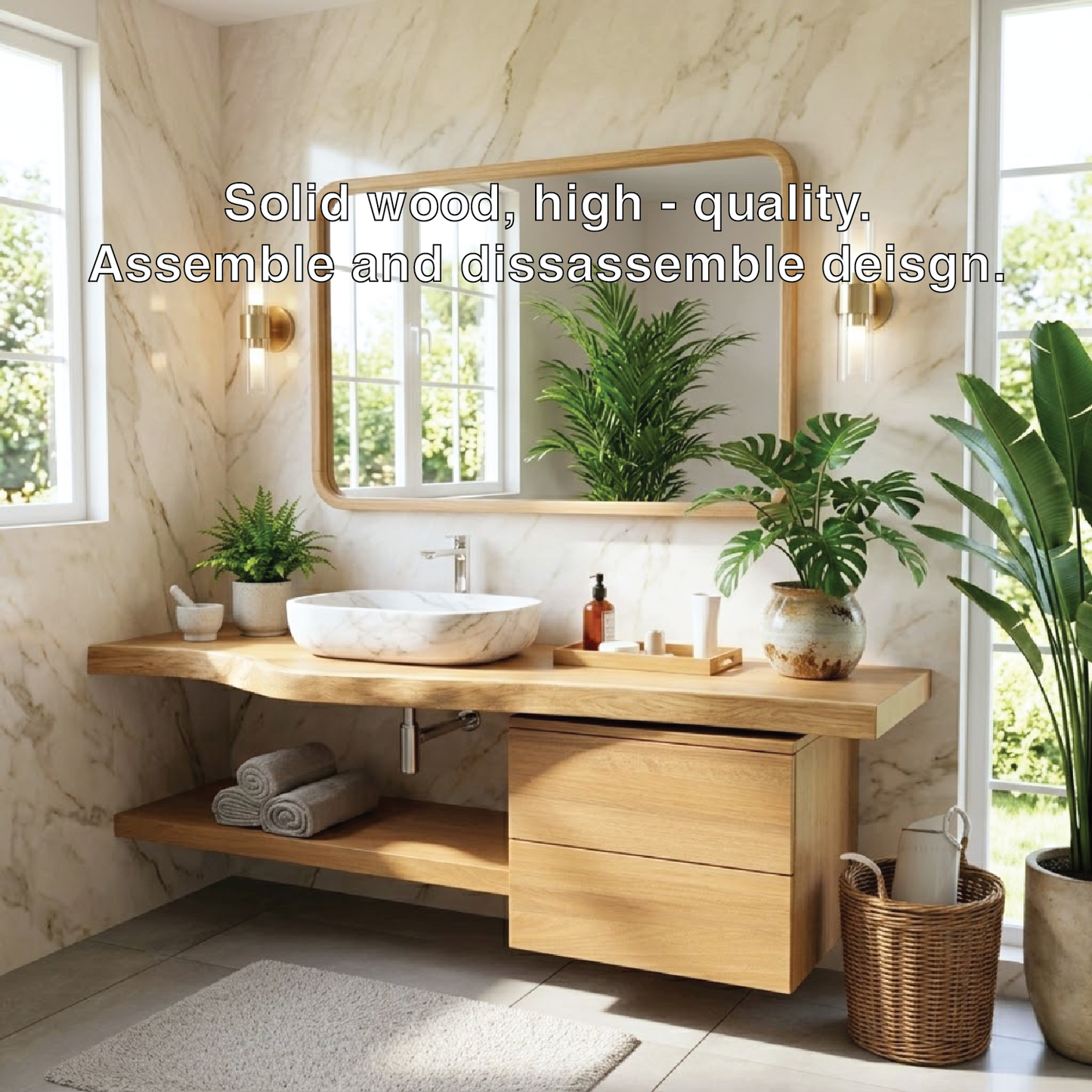 Floating Bathroom Vanity with Natural Wood Finish and Open Shelf Kitchnce