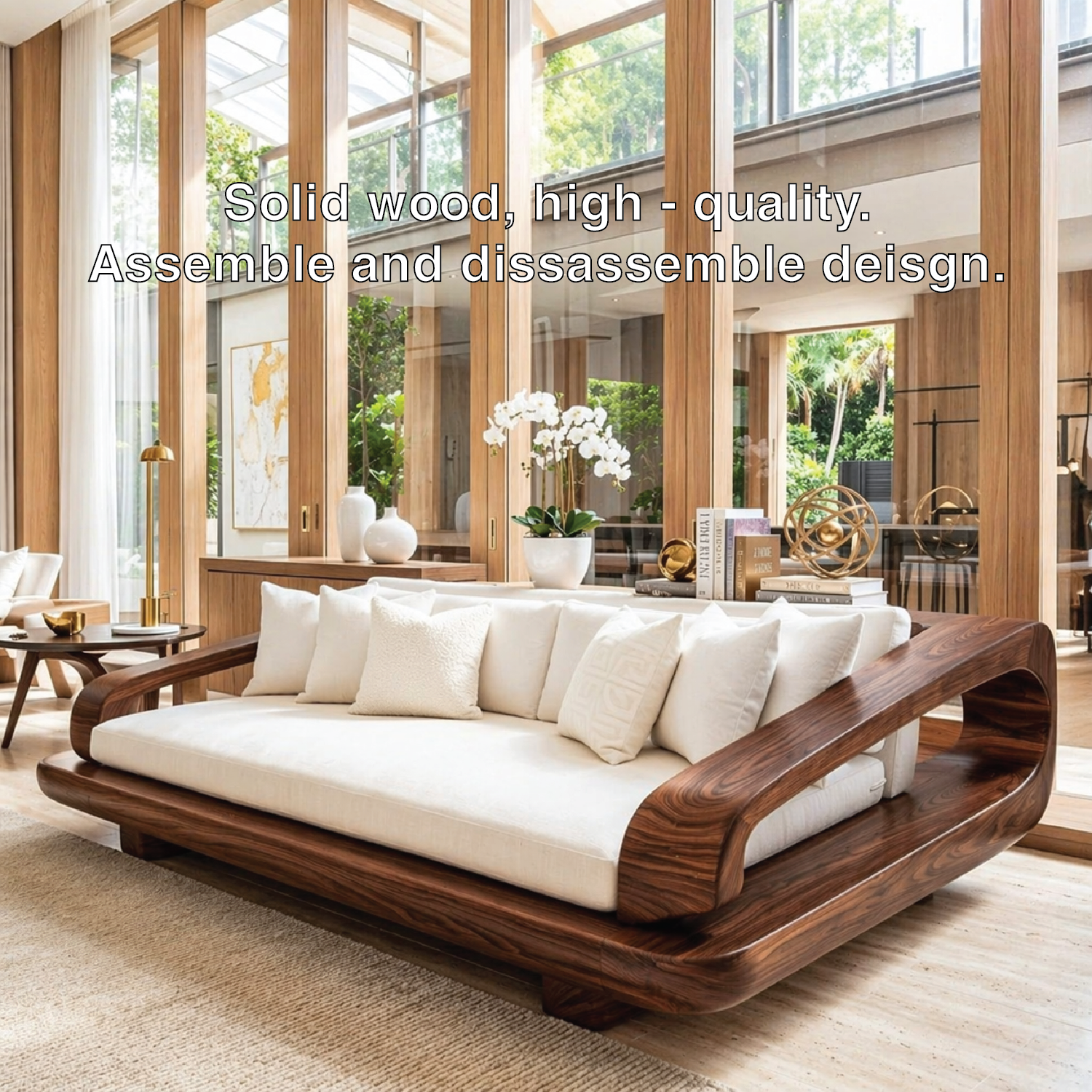 Luxury Wooden Platform Sofa, Minimalist Lounge Couch with Oversized White Cushions