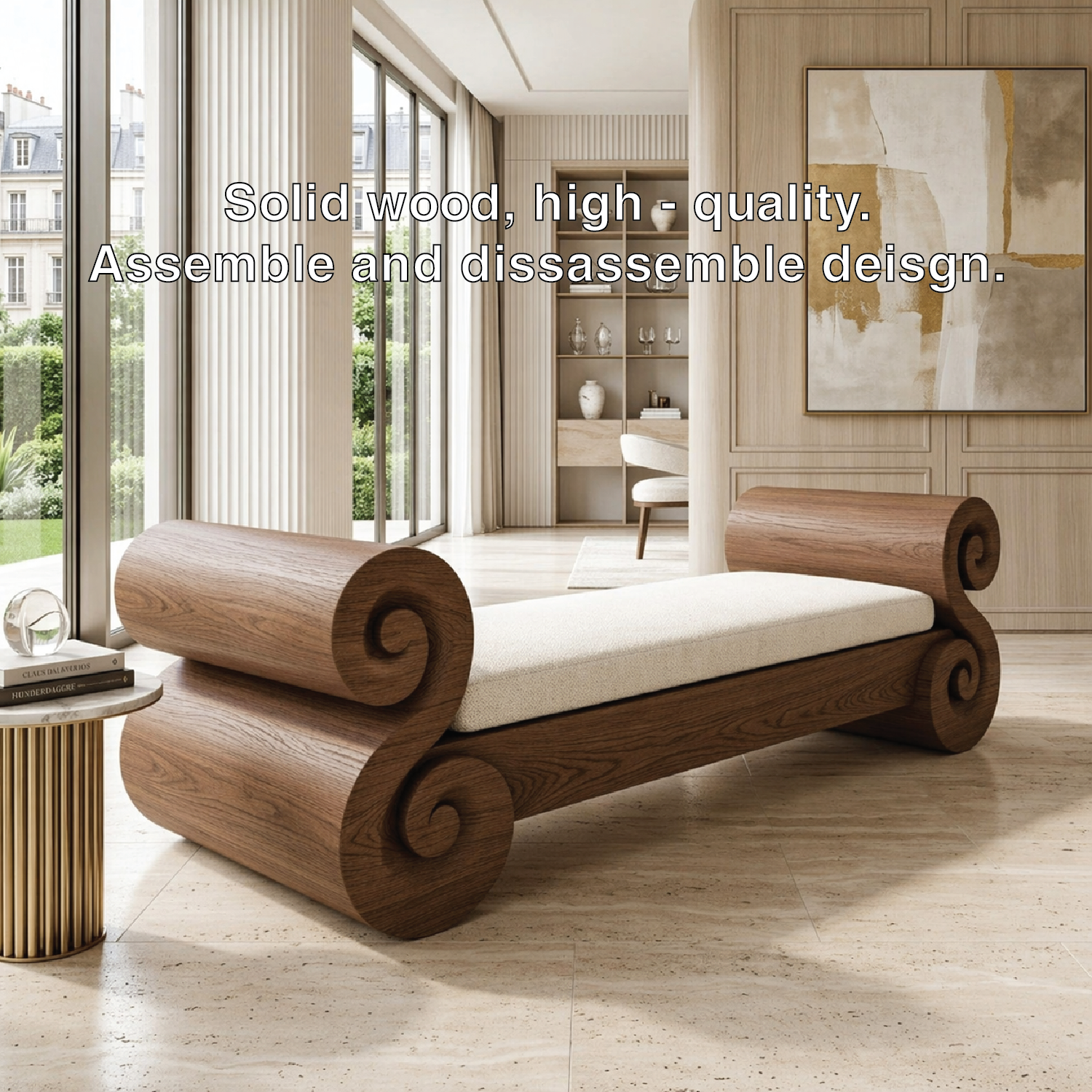 Scrolled End Bench Daybed, Sculptural Accent Seating for Elegant Modern Interiors